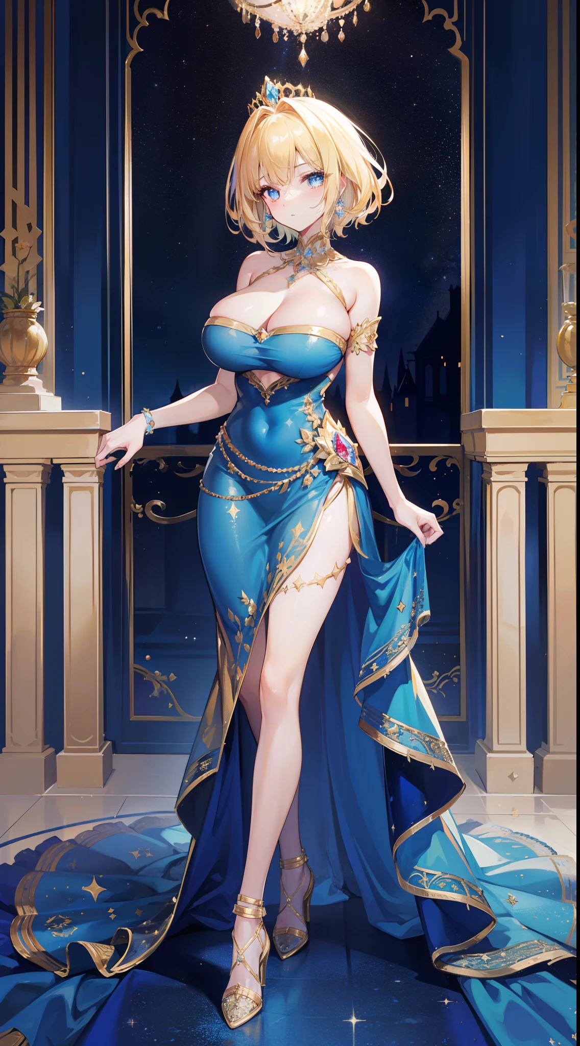 a beauty girl,(with short golden hair),Royal nobility,(A princess),Blue pupil,Tall figure,((Bandeau dress)),Low-cut skirt,(Starry evening dress),show legs,Crystal heels,Red carpet,Prom website,(nobles),(huge tit)