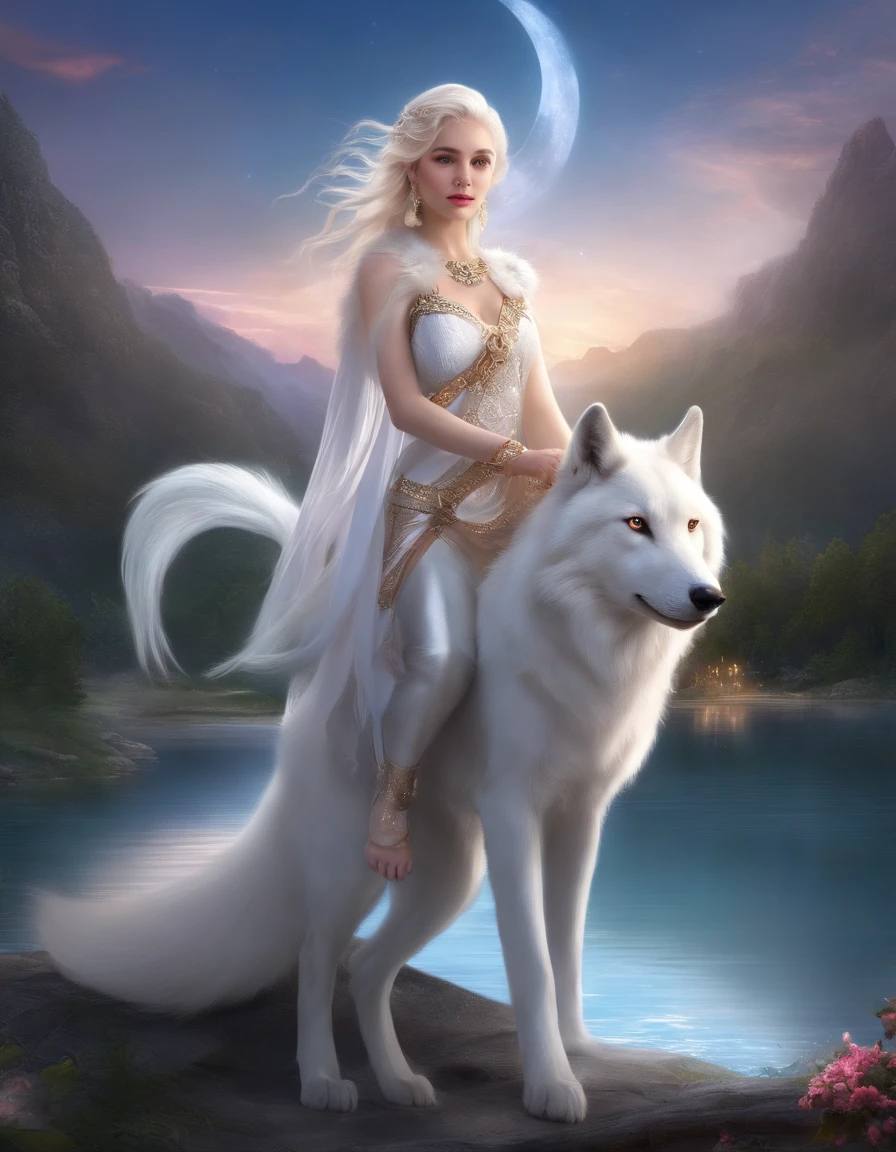 Girl riding a white wolf，White color hair，14岁，dream magical，A lake under the stars（Extremely clear）Pink eyes，phoenix in background，Coercion，Soft close-up view，Holding a golden spear，tmasterpiece，Delicate，the elf