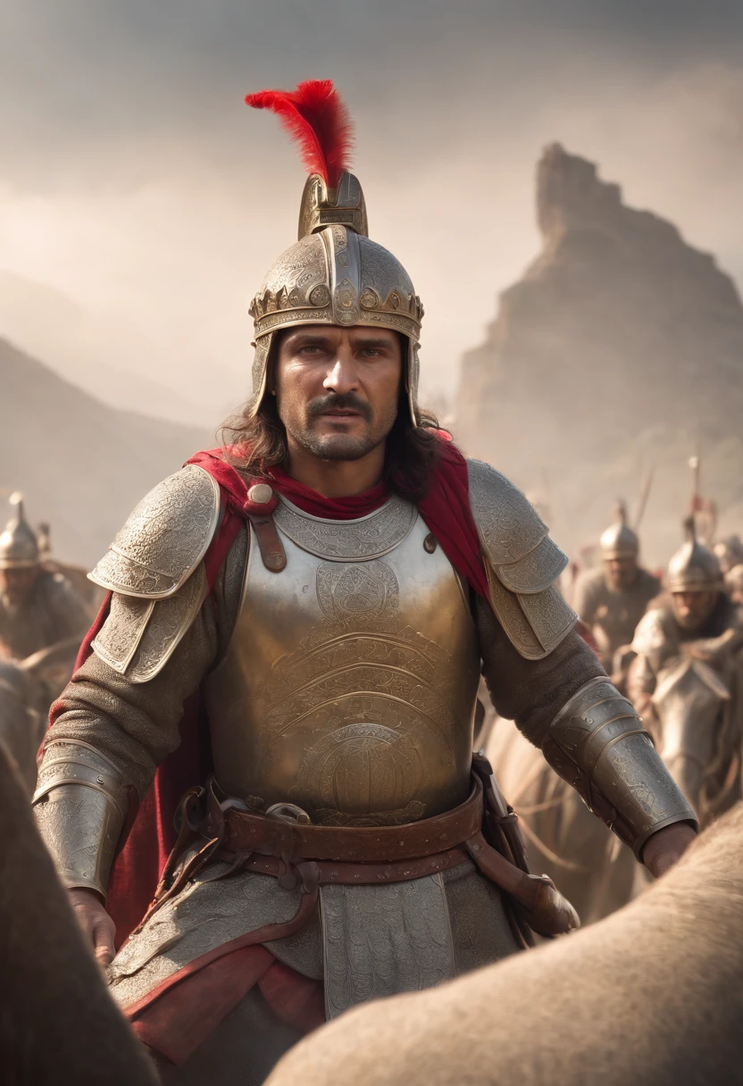 Hannibal Barca, a Carthaginian general, and his army crossed the treacherous Alps with a troop of elephants. realistic, 8k, detailed, 3D rendering, high-speed blur, Cinematic, crazy details, intricate details, well-developed concept, distinct personality, different style, photorealistic