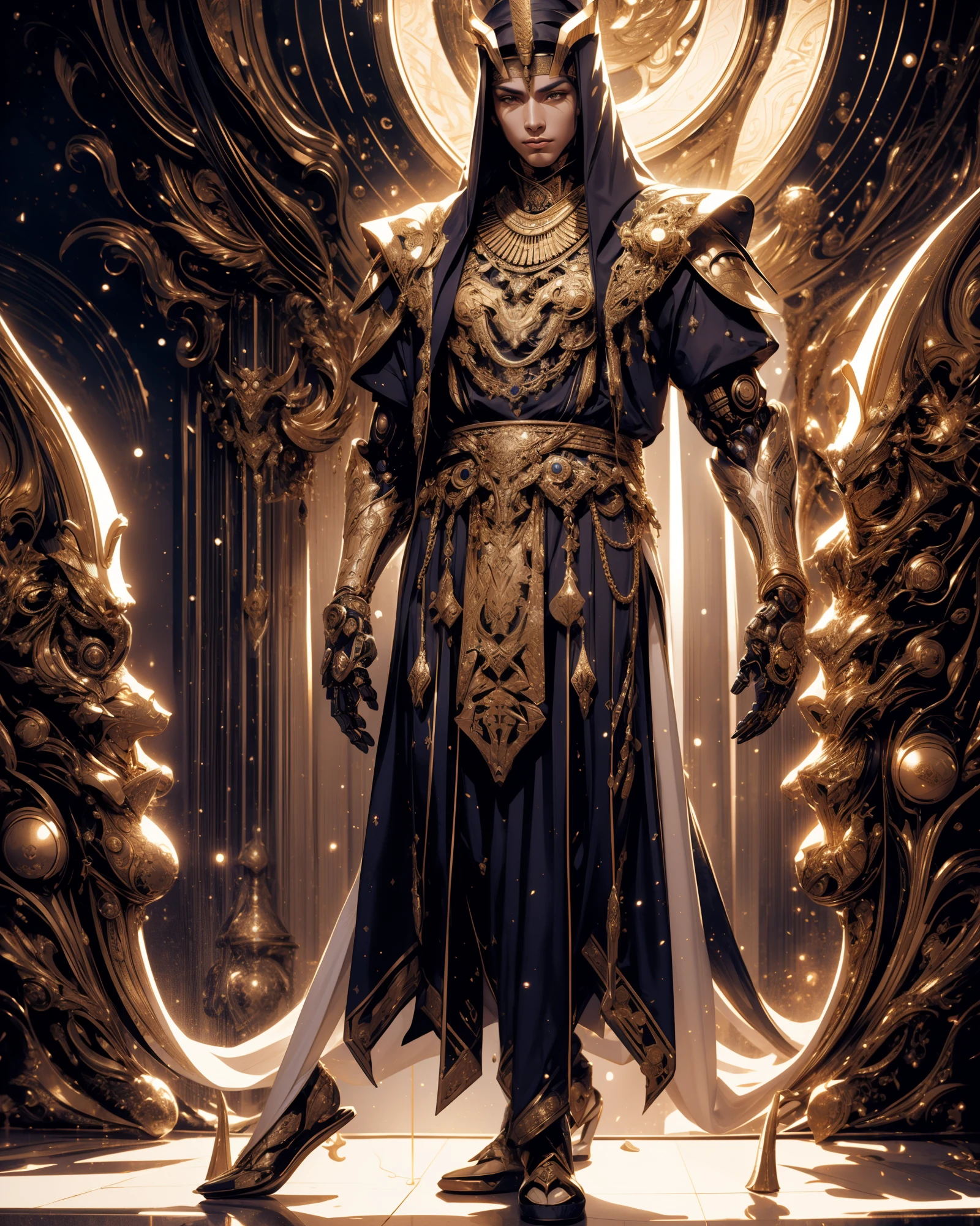 Full body, (Robotic Pharaoh), (Wearing Futuristic Arabian Samurai Cloth Dress), (In style of White + Gold), Dark Background, Best quality, Ultra-detailed, Realistic:1.37, HDR, UHD, Studio lighting, Professional, Vivid colors, Bokeh, Portraits, Sci-fi, Concept art, Soft lighting.