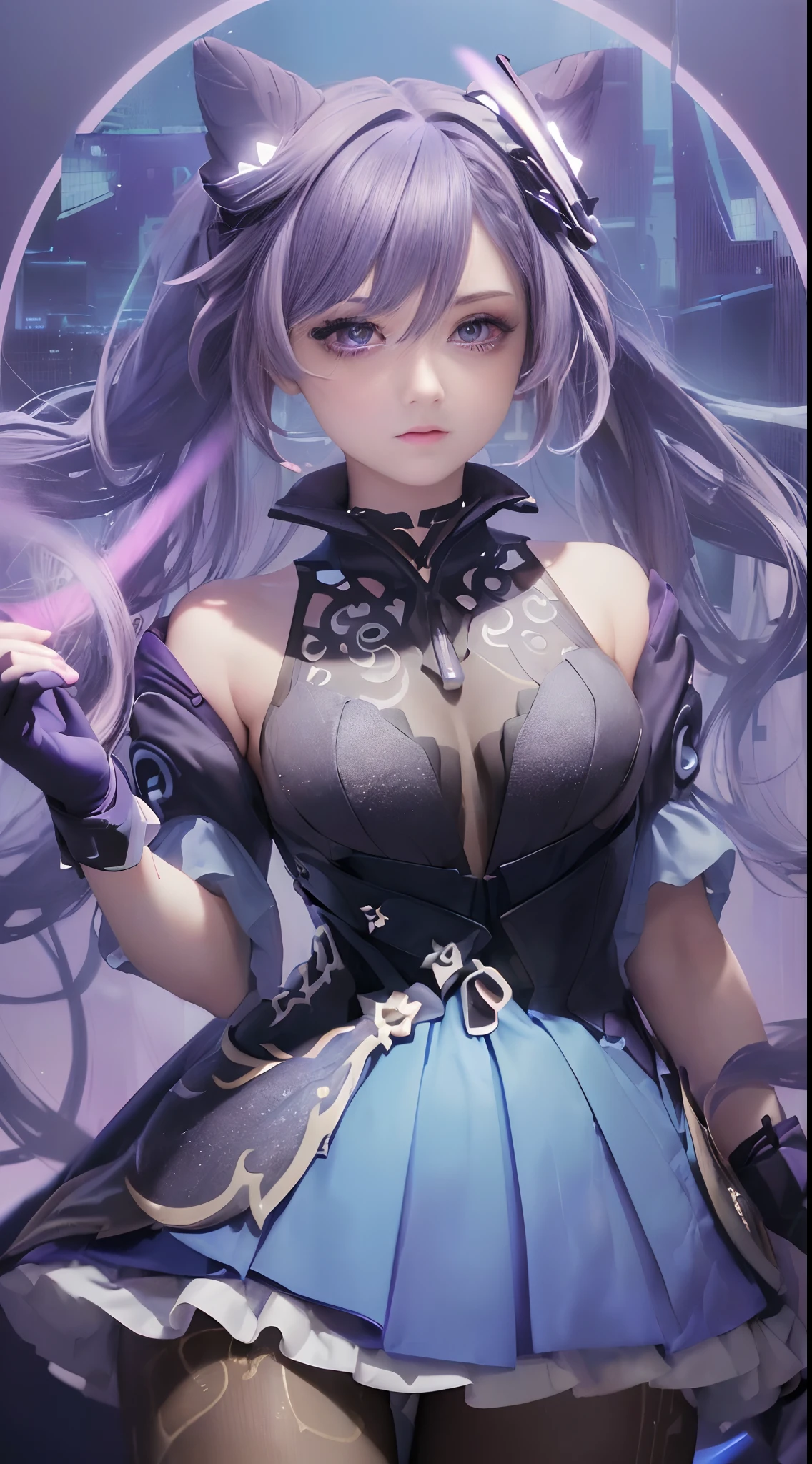 (masterpiece, best quality, high res, absurdres, ultra-detailed:1.3), 1 girl, (tron, cybers pace, techno, cyberpunk, (((purple hair))), purple and blue neon light rays, synthwave, iridescent, holographic, hdr: 1.6), (prpdef1, cowboy shot:1.3), perfect hands, perfect eyes, perfect body, intricate details
