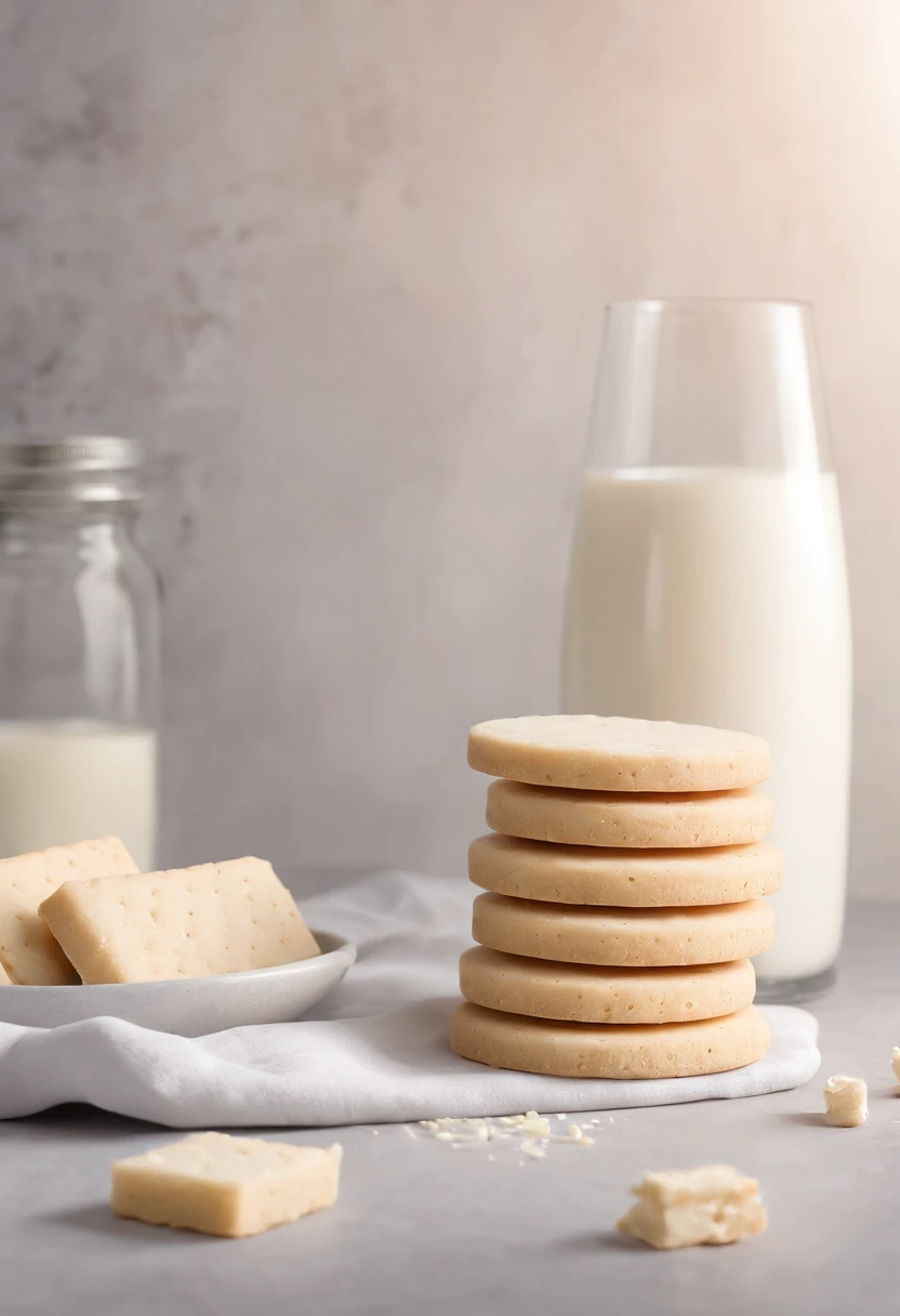 3 shortbread,A bowl of milk,farinha, a warm color palette,inside in room,Window projection,rays of sunshine,Mountain, Cinematic, Professional photography, Advertising photography, Intricate details, Hyper-detailed, Ultra photo realsisim, 8K UHD