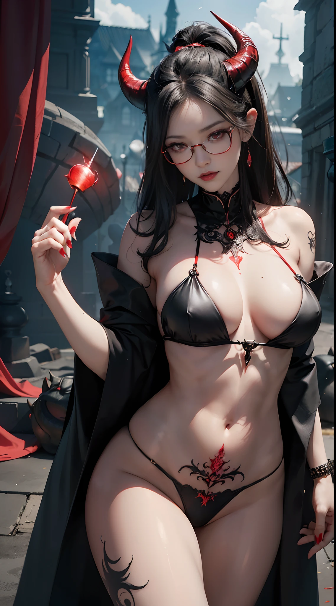 Fine、(The best illustrations)、8k UHD resolution、intricate-detail、top-quality、realisitic、ultra-detailliert、The best lighting、Best Shadows、Soft lighting、Ulutra HD、1 beautiful devil woman from hell, surreal female portraits by David Hockney and Alphonse Mucha, Fantasy Art, Chinese Doll、Dungeon and Dragon、Devil's Palace、Devil's Torture Chamber、magia、 A Necromancer、natta、Dark style、Succubus、Devil's Daughter、Bat Wings，(((Demon Horns)))、((((black-rimmed round glasses))))、(((Colossal tits)))、(Devil's Tail)、(red eyes glowing:1.6)、 intricate tattoos, demonic intricate tattoos, thigh tattoos, body tattoos, ​masterpiece、beautiful countenance、Muscular seductive body、The enchanting body of the devil、Seductive Black Magic Costume、Shiny red tentacles wrapped around her hand、Tindall Effect、photos realistic、(High Detail Skins:1.2)、 (Intricate details, makeup, pureerosface_v1:0.5), (Detailed beautiful delicate face, Detailed beautiful delicate eyes, A perfectly proportioned face, High detailed skin, Detailed skin, best ratio four finger and one thumb, arms below breasts, Tattoo with a red glow under the stomach、Awesome awesome, wide hips, smooth midriff, skiny and thin, __Fashion__, __hair__:1.25)、Digital SLR、hightquality、a picture、hight resolution、 absurderes、Ponytail distortion、女の子1人、Red sparkling gemstone necklace、jewely、Beautiful expression、Body Up、Large breasts emphasis、Toned waist、Wide buttocks、Devil's Tail、intricate tattoos, demonic intricate tattoos, thigh tattoos, body tattoos, effect、Photorealsitic、(High Detail Skins:1.2)、In the Dark, lowkey, cowboy lens, (Black Phoenix Dress: 1.0), Seductive Black Magic Costume、Long hair, Black hair, Bust, Devil's Palace, devil crown, red eyes make up very sharp and detailed, The most beautiful face, Super tight breasts, Breast augmentation surgery, The breasts are very big and round and round, Black magic costume、Super realistic , Charming smile, The eyes are very well made up, ((Red Eye:1.0)), guweiz, devil style,Muscular seductive body、 wearing black me