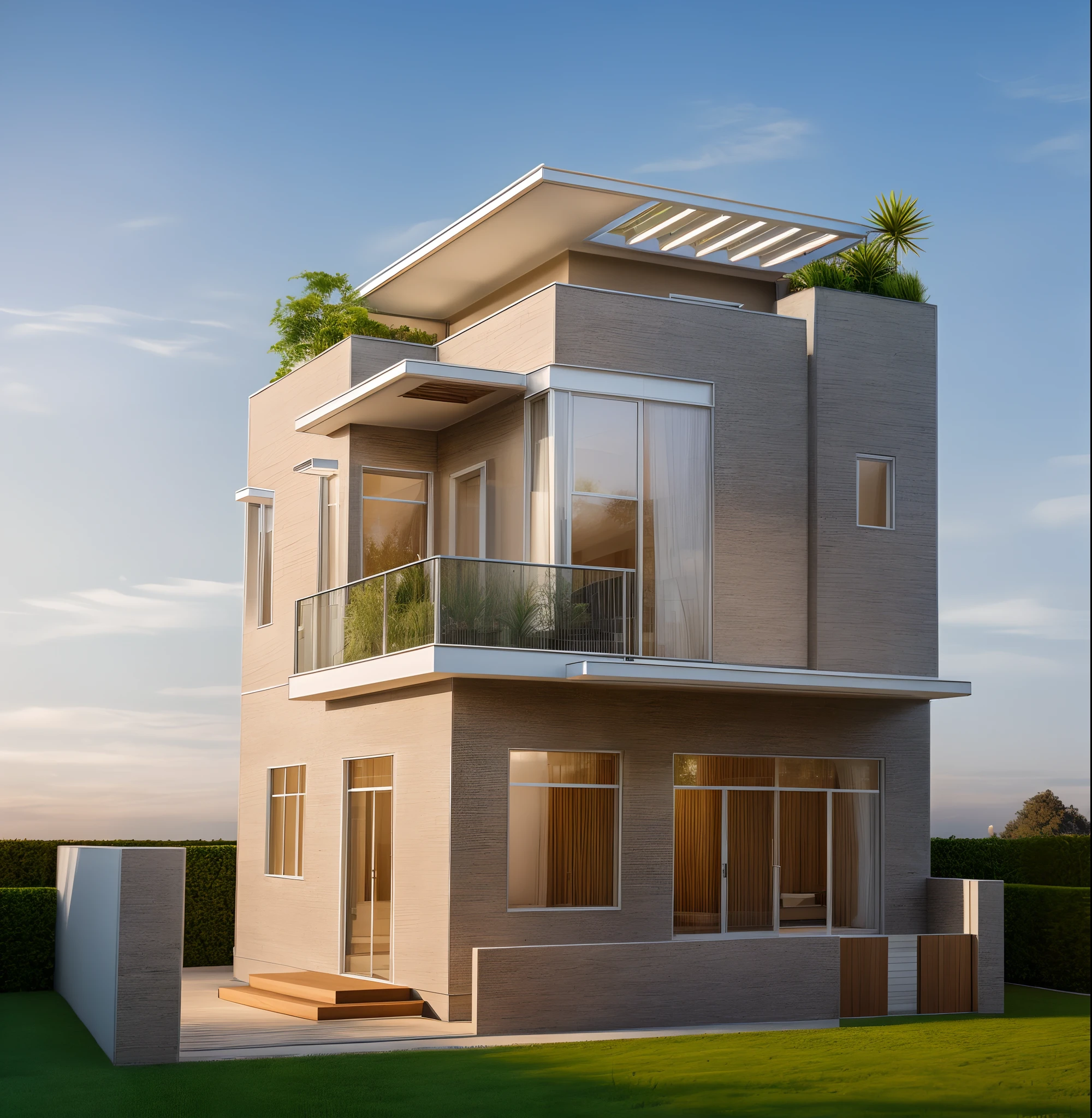 RAW photo, Masterpiece, high quality, best quality, authentic, super detail, exterior, house style modern on the garden, white colour walls, dark brown colour walls, contrast colours, glass windows, glass doors, balcony, railing glass, wooden outdoor ceiling,modernism, Realistic reflexes, realistic light, beautiful sunset sky, trees, grass, grass and plant on the fence, trees and plant in the garden, trees and plant on the rooftop, high tree behind the house, vivid colour, vray