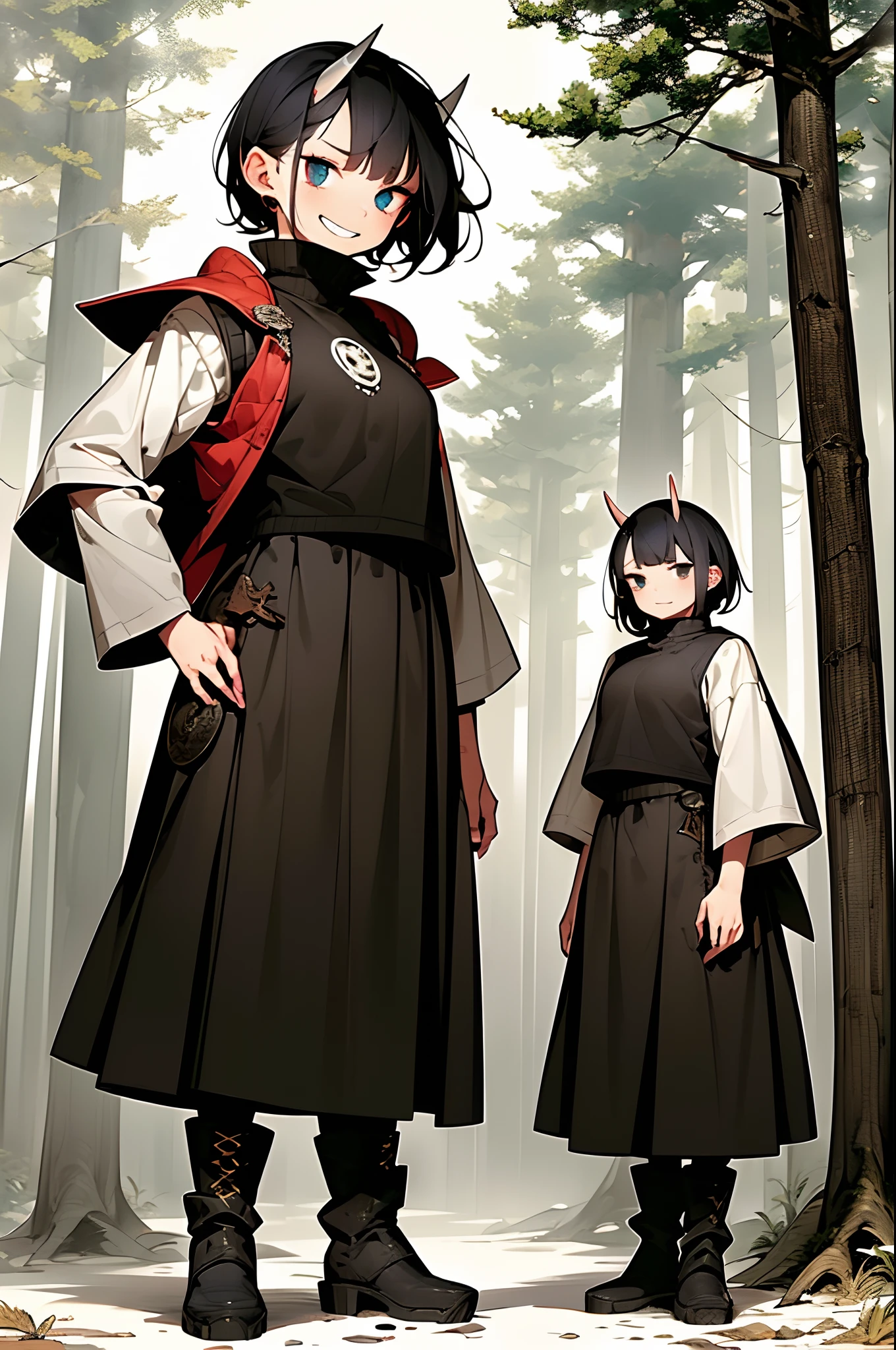 short hair, youngirl,black hair, vest, pullover, dragon horns, sharpteeth, standing, smile, full body , boots, long skirt, winter dress,, forest, woman-medieval-clothes, horns