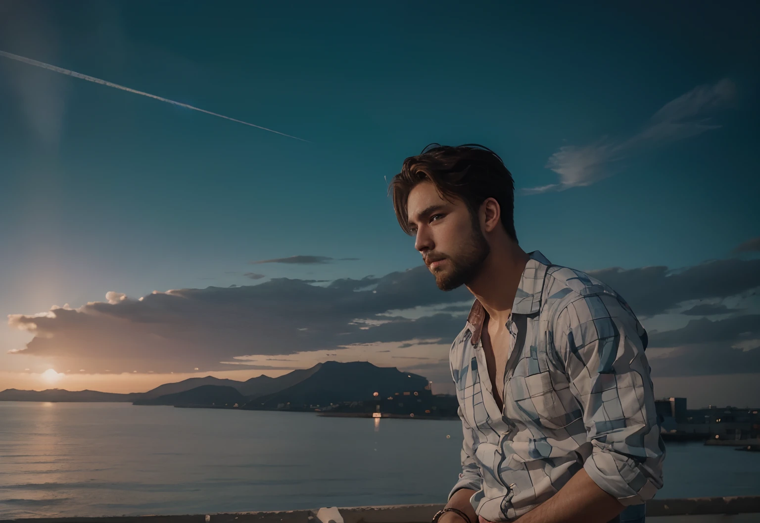 Changes sky like Anime and handsome boy face with beard nd beautiful eyes 8k quality