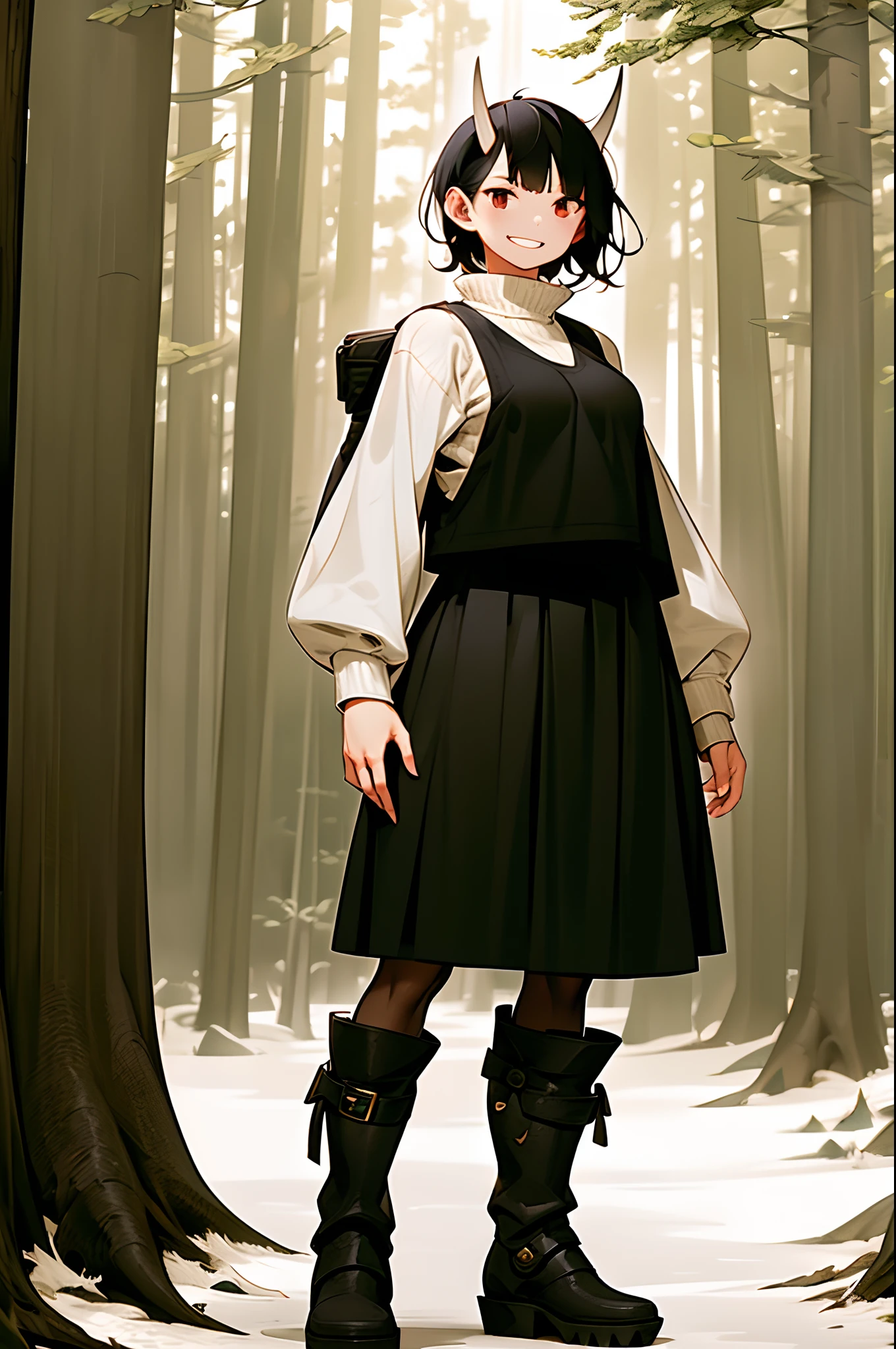 short hair, youngirl,black hair, vest, pullover, dragon horns, sharpteeth, standing, smile, full body , boots, long skirt, winter dress,, forest, woman-medieval-clothes, horns