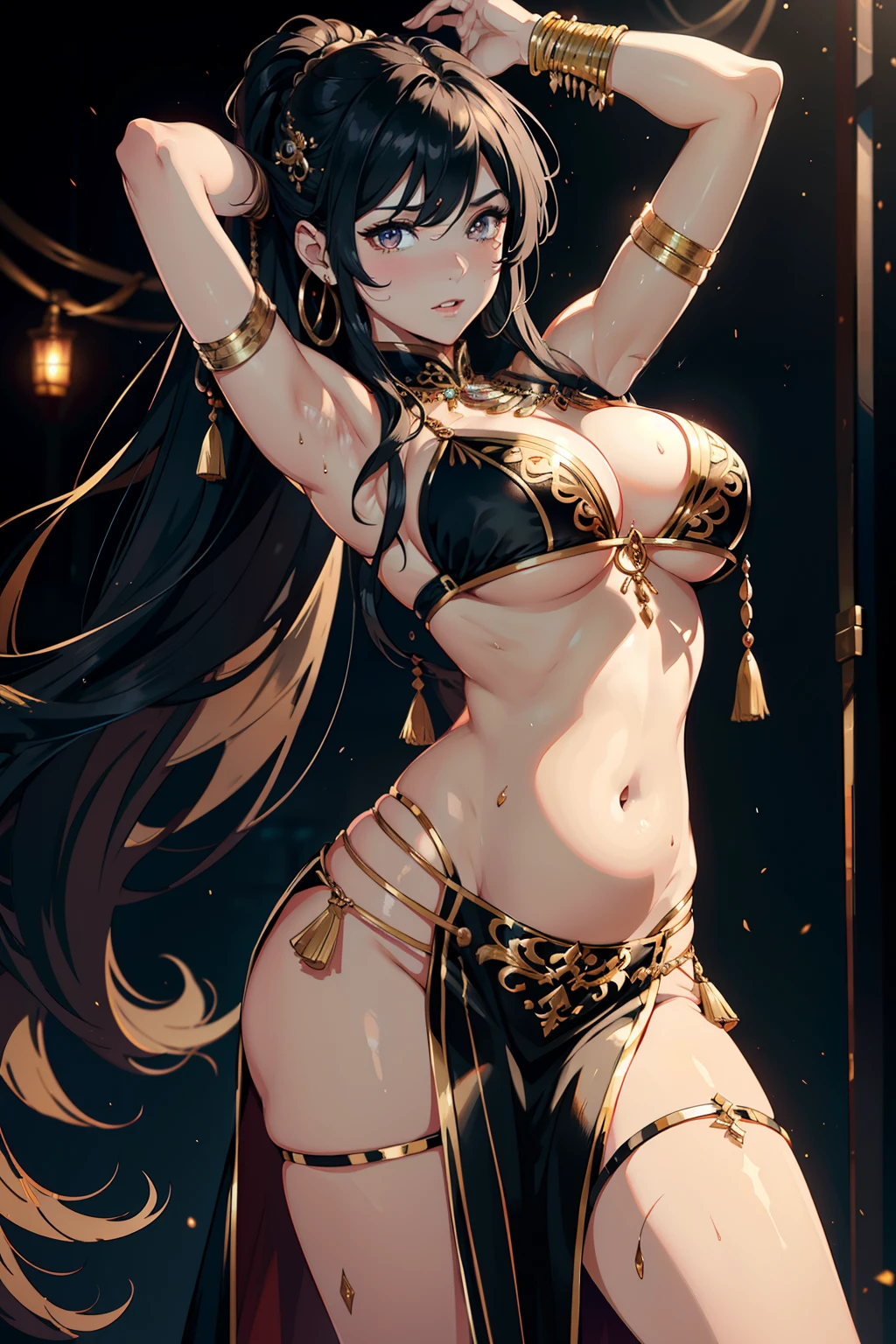 1womanl,28 year old,girl with,blacks,独奏,huge tit,(Background with:theater),Feel free to hairstyle,standing on your feet,legs are open,Wearing sweat,Drenched all over the body,Seen from the front,A dark-haired , Belly Dance Costumes,(((tmasterpiece),(extremely detailed cg unity 4k wallpaper),best qualtiy,cinmatic lighting,Meticulous background,beatiful detailed eyes,Bright pupils,(Very fine and beautiful),(Beautiful and detailed eyes description),ultra - detailed,tmasterpiece,)),facing at camera,hight resolution,ultra - detailed)nakeness,Raised sexy,lewd expression,flushed complexion,((belly dancer))