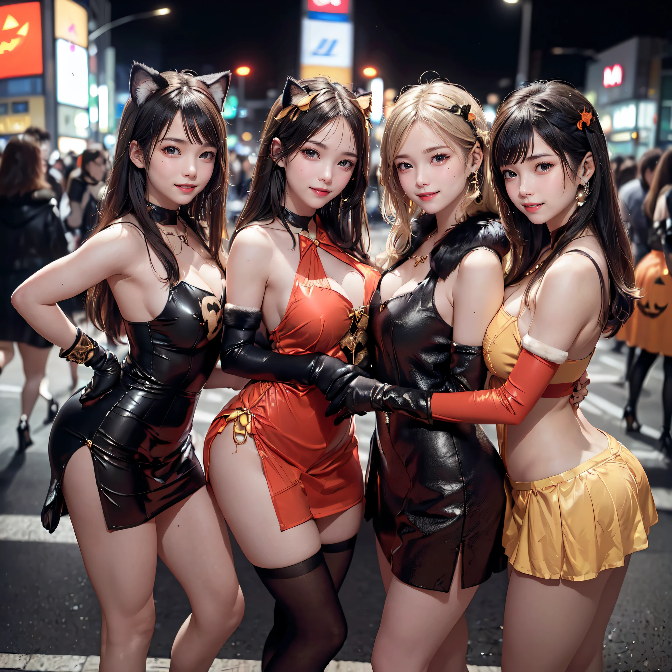 masterpiece, top-quality, top-quality, Beautifully Aesthetic:1.2, ((3girls)), Halloween night, 
((Middle girl is Wearing a high-quality Black Cat costume of fur, gloves of Cat, fur miniskirt):1.2), high detailed, 
((Left girl is Wearing a high-quality Red Cat costume of fur, gloves of Cat, fur miniskirt):1.2), high detailed, 
((Right girl is Wearing a high-quality Blue Cat costume of fur, gloves of Cat, fur miniskirt):1.2), high detailed, 
(Three girls are standing side by side in a neat line:1.3), large breasts, firm breast, nicely shaped breasts, slender figure, 
((Dark Brown Hair)), wavy hair, (medium long hair:1.2), 
((At the middle of very crowded Shibuya Scramble Crossing decorated with Halloween decorations at late night:1.2)), ((Surrounded by many people dancing for Three girls)), (Full body shot:1.1), (From side:1.3), (Looking at viewer),