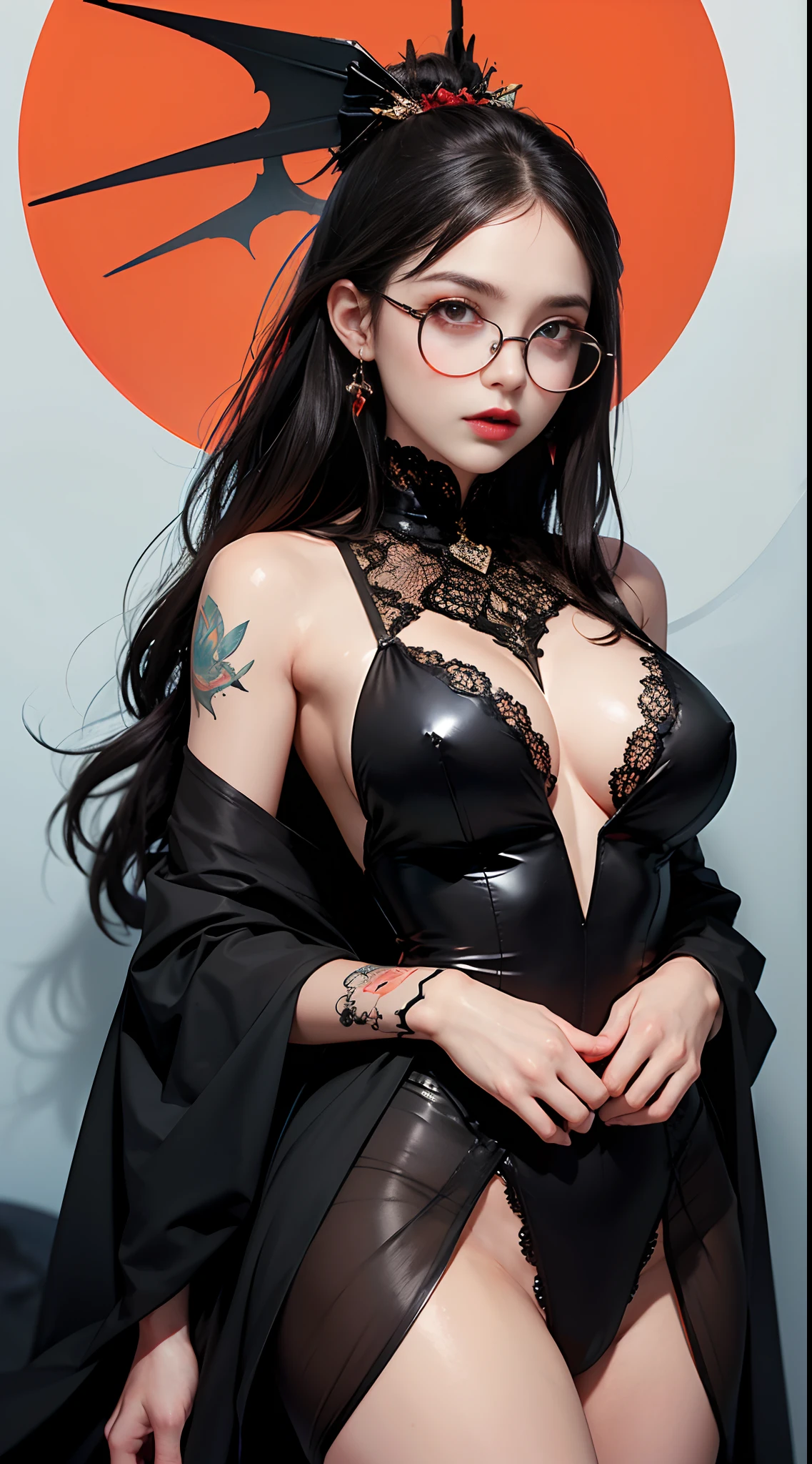1 beautiful devil woman from hell, surreal female portraits by David Hockney and Alphonse Mucha, Fantasy Art, Chinese Doll, Photorealism, Dynamic lighting, art  stations, poster for, Volumetric lighting, Highly detailed face complex tattoos, demonic intricate tattoos, thigh tattoos, body tattoos, 8k ultra, Awarded, In the Dark, lowkey, cowboy lens, (Black Phoenix Dress: 1.0), Long hair, Black hair, Bust, Devil's Palace, devil crown, red eyes make up very sharp and detailed, The most beautiful face, 、((((black-rimmed round glasses))))、 Super tight breasts, Breast augmentation surgery, The breasts are very big and round and round, Super realistic, Black Dark Magic Dress, Charming smile, The eyes are very well made up, ((Red Eye:1.0)), guweiz, devil style, wearing black mesh socks, Ponytail with a bow tied at the back of the hair, plump beautiful red lips, wearing a thin red and black robe, Hands pull the straps to expose sexy breasts, the landscape is overcast and thunderous, Beautiful female demon portrait, Protagonist Close-up、intricate tattoos, demonic intricate tattoos, thigh tattoos, body tattoos, (Detailed spooky backgrounds:0.8), nffsw, nffsw, The 8k quality, detailed pixel, Meet beautiful girls, Look at the girl's body, ((((black-rimmed round glasses))))、Portrait of a woman in black magic clothes、