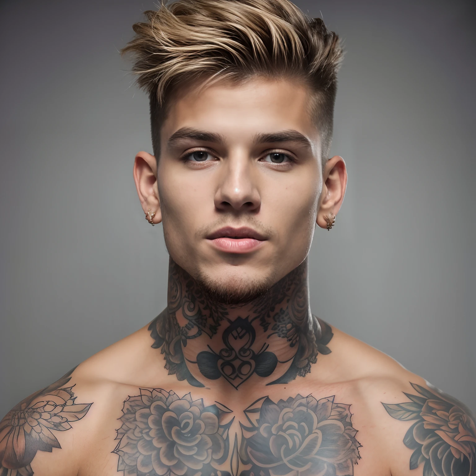 Boy with tattoos on his chest and neck, homem jovem tatuado, neck tattoos, rapaz magro com pele bronzeada clara, com tatuagens, short hair on top of his head, corpo musculoso tatuado, Jovem com rosto bonito, masculine features, modelo bem cuidado, corpo tatuado, rosto masculino bonito, rapaz loiro bonito, long swept back blond hair, rosto detalhado, modelo masculino, jovem atraente, square jawline, Matthew Noszka 8k