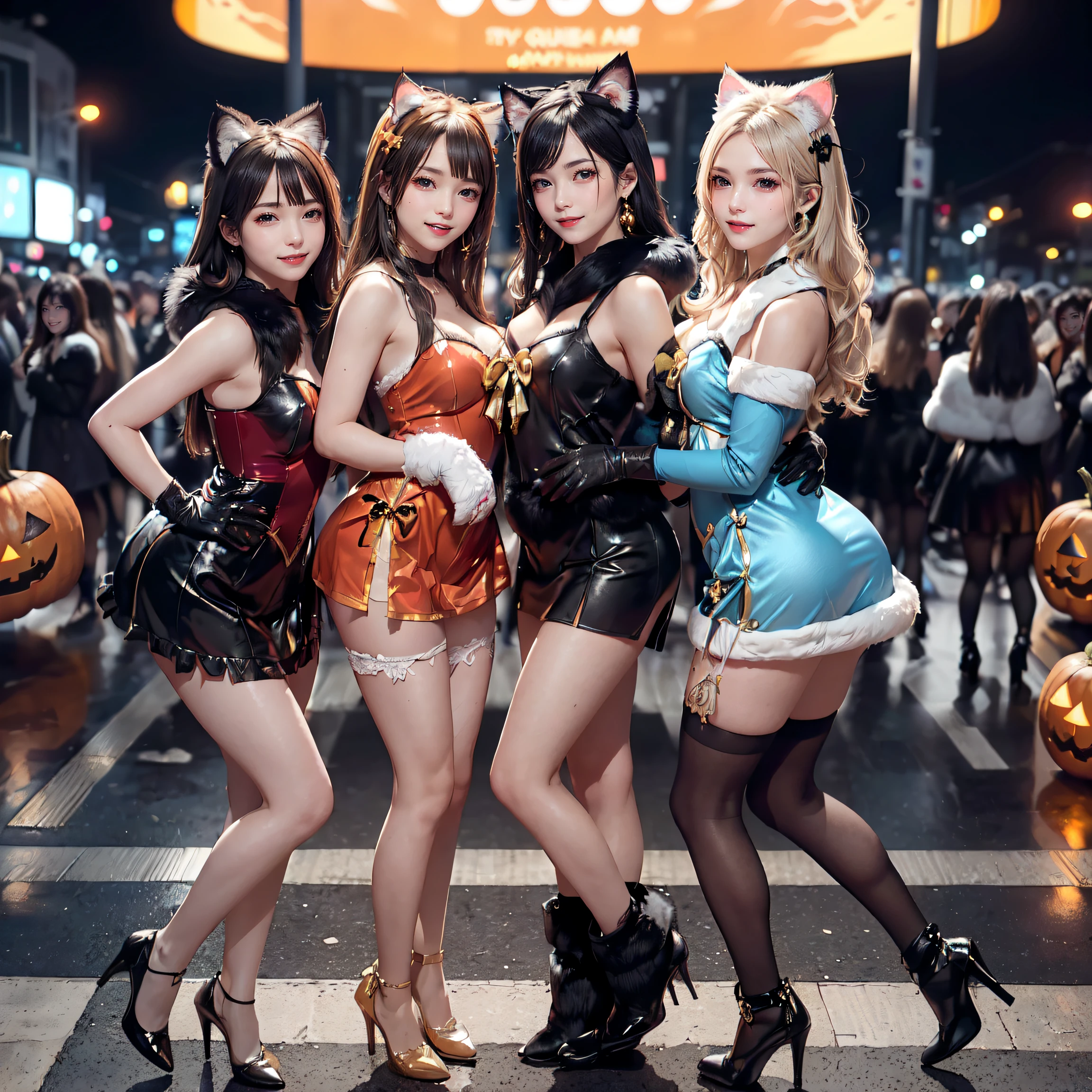 masterpiece, top-quality, top-quality, Beautifully Aesthetic:1.2, ((3girls)), Halloween night,
((Middle girl is Wearing a high-quality Black Cat costume of fur, gloves of Cat, fur miniskirt):1.2), high detailed,
((Left girl is Wearing a high-quality Red Cat costume of fur, gloves of Cat, fur miniskirt):1.2), high detailed,
((Right girl is Wearing a high-quality Blue Cat costume of fur, gloves of Cat, fur miniskirt):1.2), high detailed,
(Three girls are standing side by side in a neat line:1.3), large breasts, firm breast, nicely shaped breasts, slender figure,
((Dark Brown Hair)), wavy hair, (medium long hair:1.2),
((At the middle of very crowded Shibuya Scramble Crossing decorated with Halloween decorations at late night:1.2)), ((Surrounded by many people dancing for Three girls)), (Full body shot:1.1), (From side:1.3), (Looking at viewer),