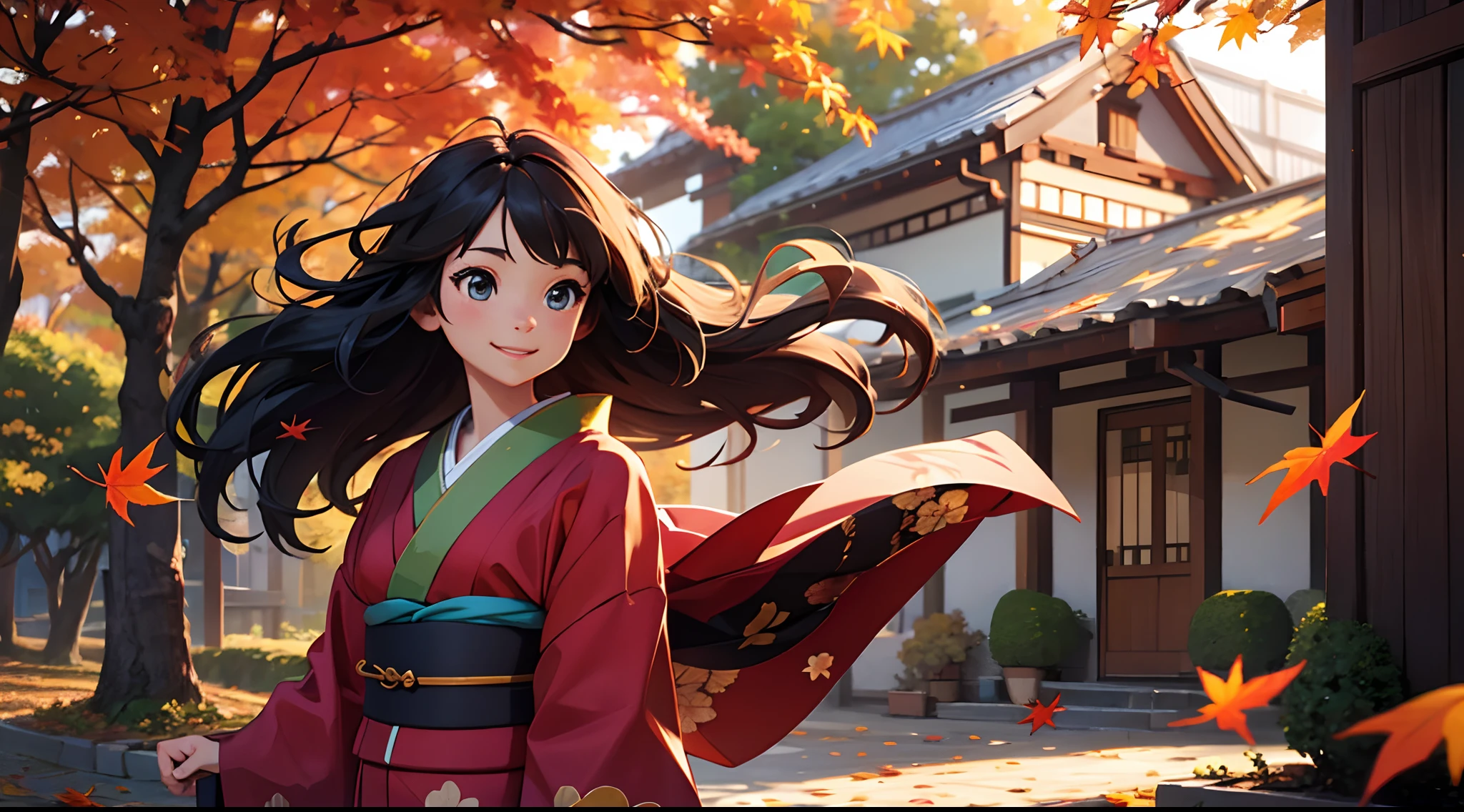 Female, young, kimono, shop, autumn leaves, blowing wind, flowing hair, smiling
