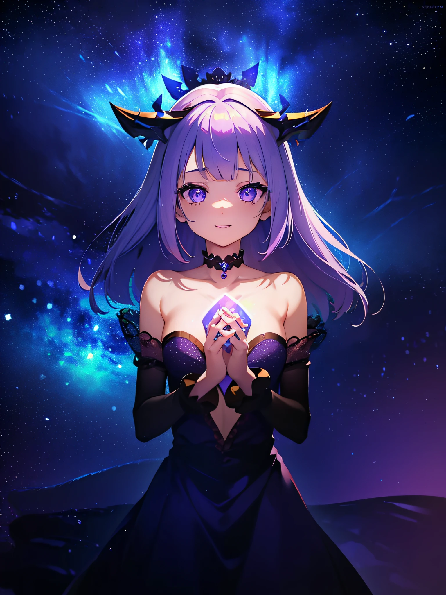 (masutepiece:1.3), (Best Quality:1.3), High resolution, Couboy Shot, on back, Sleeping, (One Cute Girl:1.3), Solo, White skin, tiny chest, huge smile、angel ring on head、Angel Ring、eight-headed person, Purple hair, (bobhair:1.2), Mixed mesh and light blue、Short hair, (Blunt bangs:1.2), Beautiful hair, Eyes are purple, Miraculous Eye、Beautiful detailed eyes, ultradetailed eyes、Glitter eyes、octans,cloud,Colorful starry sky,Stars,Iridescent aura around the eyes、Iridescent eyes、Narrowed eyes sucked in,Wearing a rainbow-colored aura from the whole body、purpleish color, Outdoors, Purple background, Shadow lighting,perfectbody