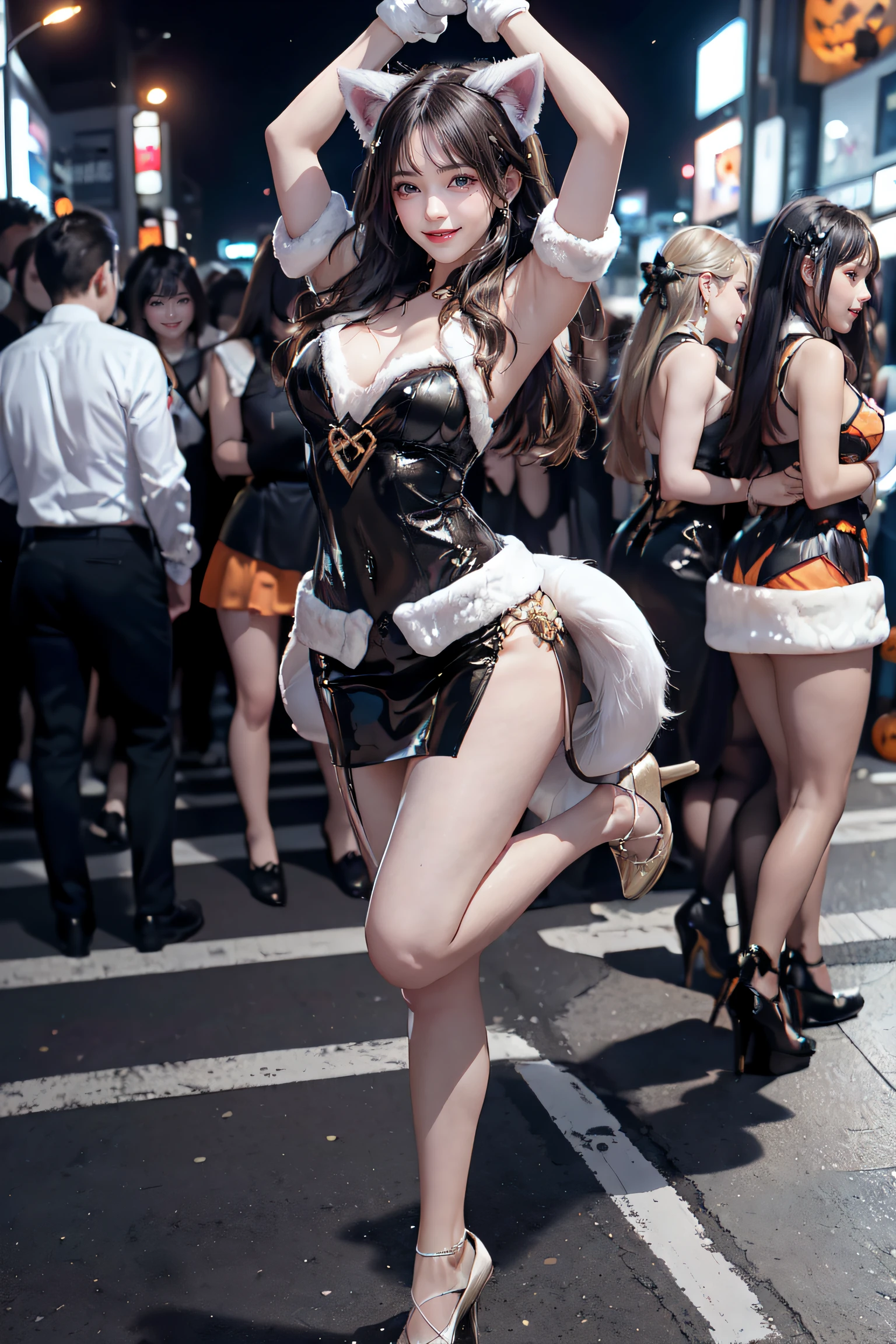 masterpiece, top-quality, top-quality, Beautifully Aesthetic:1.2, ((1girl)), Halloween night, ((Wearing a high-quality costume of fur, gloves of cat, fur miniskirt):1.2), (Silver pin heels:1.1), high detailed, (Dancing with arms up:1.3), large breasts, firm breast, nicely shaped breasts, slender figure,
((Dark Brown Hair)), wavy hair, (medium long hair:1.2),
((in the middle of very crowded Shibuya's scramble crossing at late night:1.2)), ((Surrounded by many people wearing Halloween costumes:1.2)), (Full body shot:1.1), (From below),