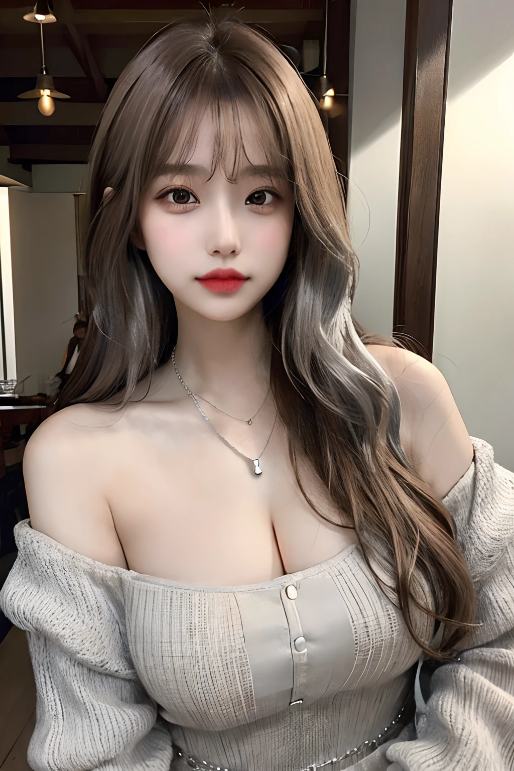 ((1girl in:1.3)),Light Brown Fringe Hair、disheveled hair、Light brown eyes、(dignified expression)、((Fashion magazine outfits))、(爆乳:1.4)、Emphasize the valley、(Photorealsitic)、(intricate detailes:1.2)、(masterpiece、:1.3)、(top-quality:1.4)、(超A high resolution:1.2)、超A high resolution、(A detailed eye)、(detailed facial features)、((Silver necklace))、Posing like a fashion model