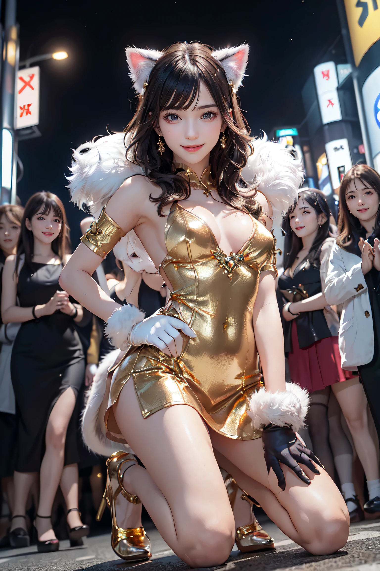 masterpiece, top-quality, top-quality, Beautifully Aesthetic:1.2, 1girl, Halloween night, ((Wearing a high-quality Red and Gold costume of fur of cat, gloves of cat, cat paw-shaped shoes, fur miniskirt):1.2), (Silver pin heels:1.1), high detailed, (kneeling with hands on the ground:1.3), large breasts, firm breast, nicely shaped breasts, slender figure, 
((Dark Brown Hair)), wavy hair, (medium long hair:1.2), 
((in the middle of very crowded Shibuya's scramble crossing at late night:1.2)), ((Surrounded by many people wearing various costumes)), (Full body shot:1.1), (From below:1.3),