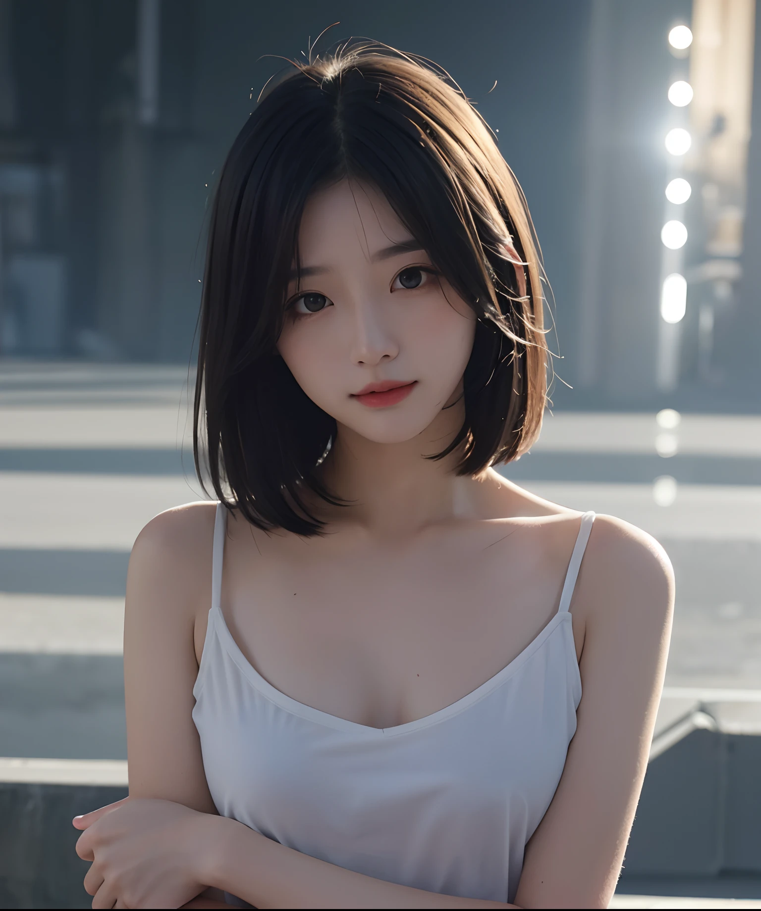best qualtiy, tmasterpiece, 超高分辨率, (realisticlying:1.5), RAW photogr, 1girll, bshoulders, in the darkness nigth, deep shading, low tune, cold light,short detailed hair