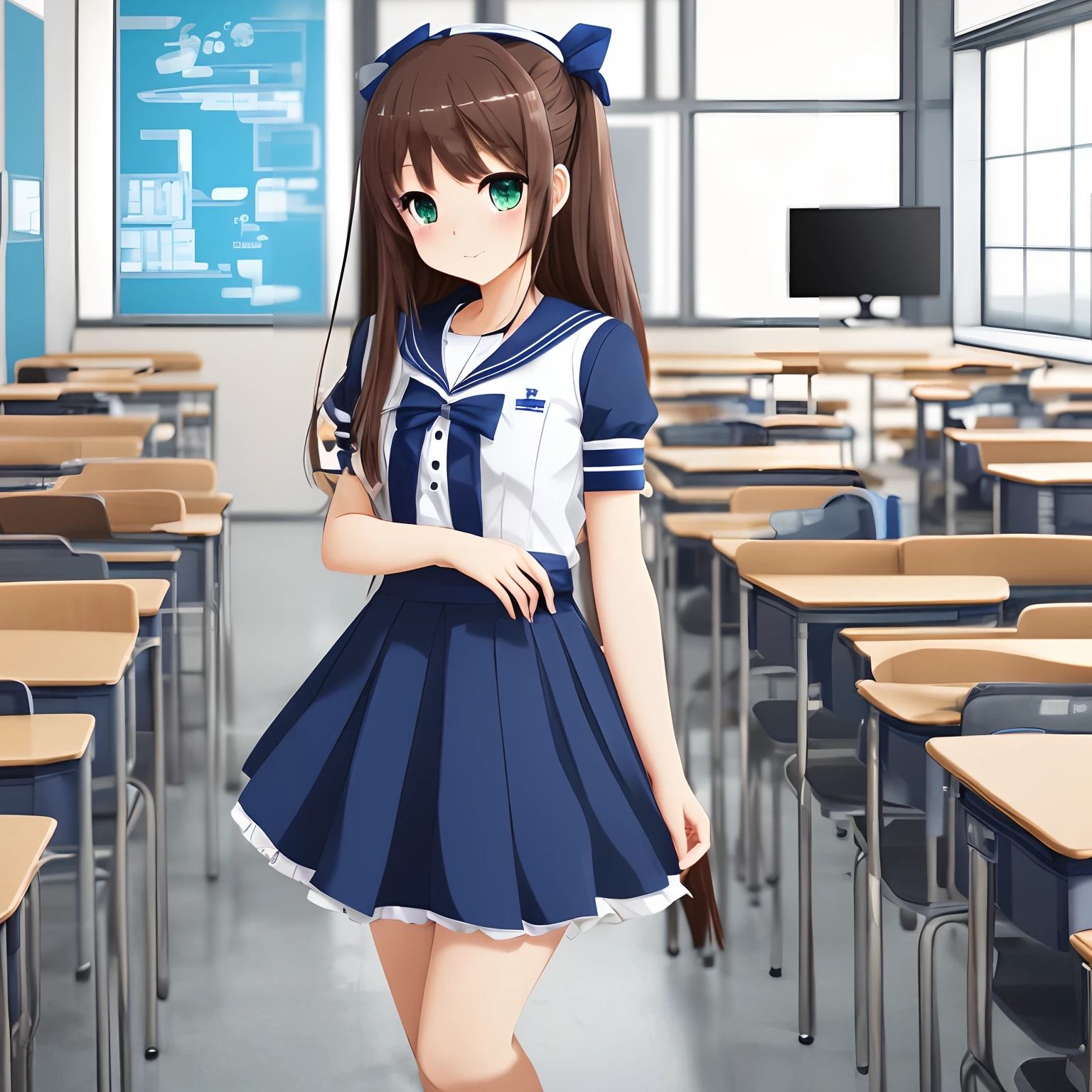 A cute japaneese girl, drawn in anime style, futuristic, Y2K aesthetic, sci-fi, jade green eyes, long brown hair, hair ribbon, small breast, white and blue futuristic sailor lolita dress with puffy sleeves, navy blue pantyhose, school shoes, school bag, school crest, standing in high tech futuristic classroom, highly detailed, 4K.