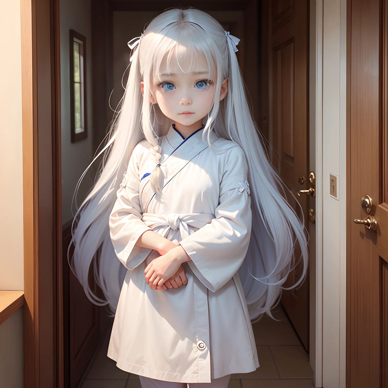 In the background in house, a beautiful girl name is May, 8-year-old girl with blue eyes, long white hair, wearing a white tunic, On the waist there is a small bag, Cheerful expression on her face, Shaking your head, Innocent gaze, Puffy cheeks, Be sulky