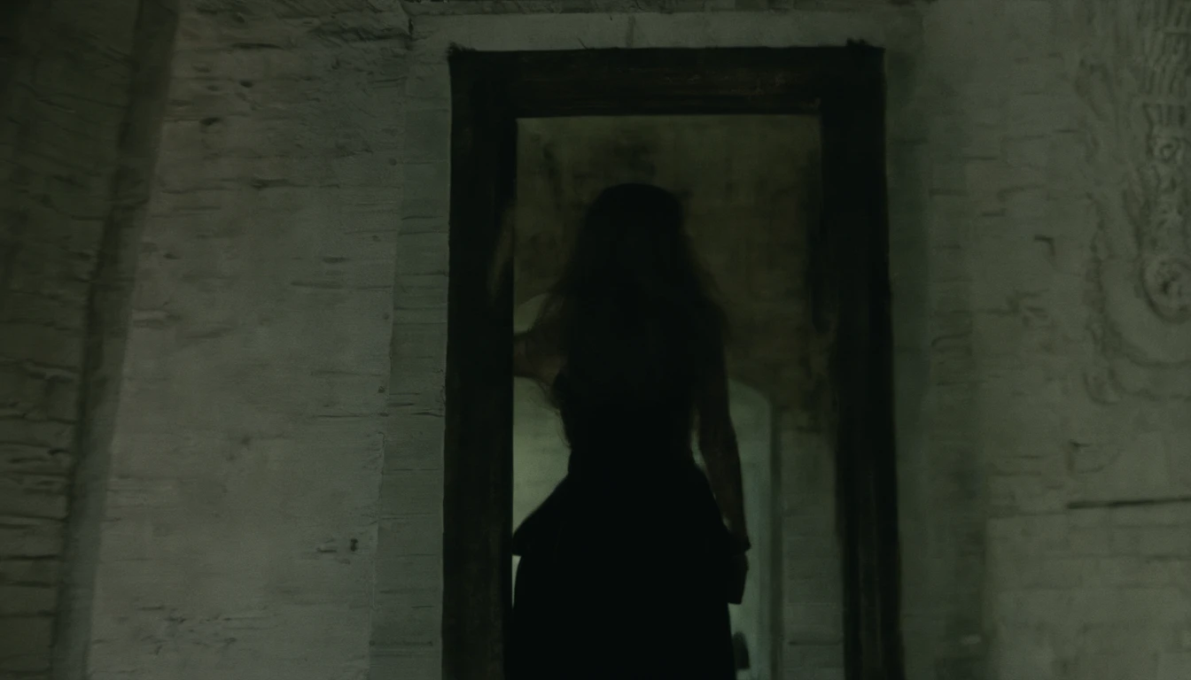 A 14-year-old girl，with hair dishevelled，The girl climbed down the stairs with twisted limbs，His face turned pale，Wet hair，The expression is hideous，Dennis Villeneuve's style, cinematic Film still from, cine still 800，Cinematic film texture，blurred lens，F1.2 apertures，Light green tones