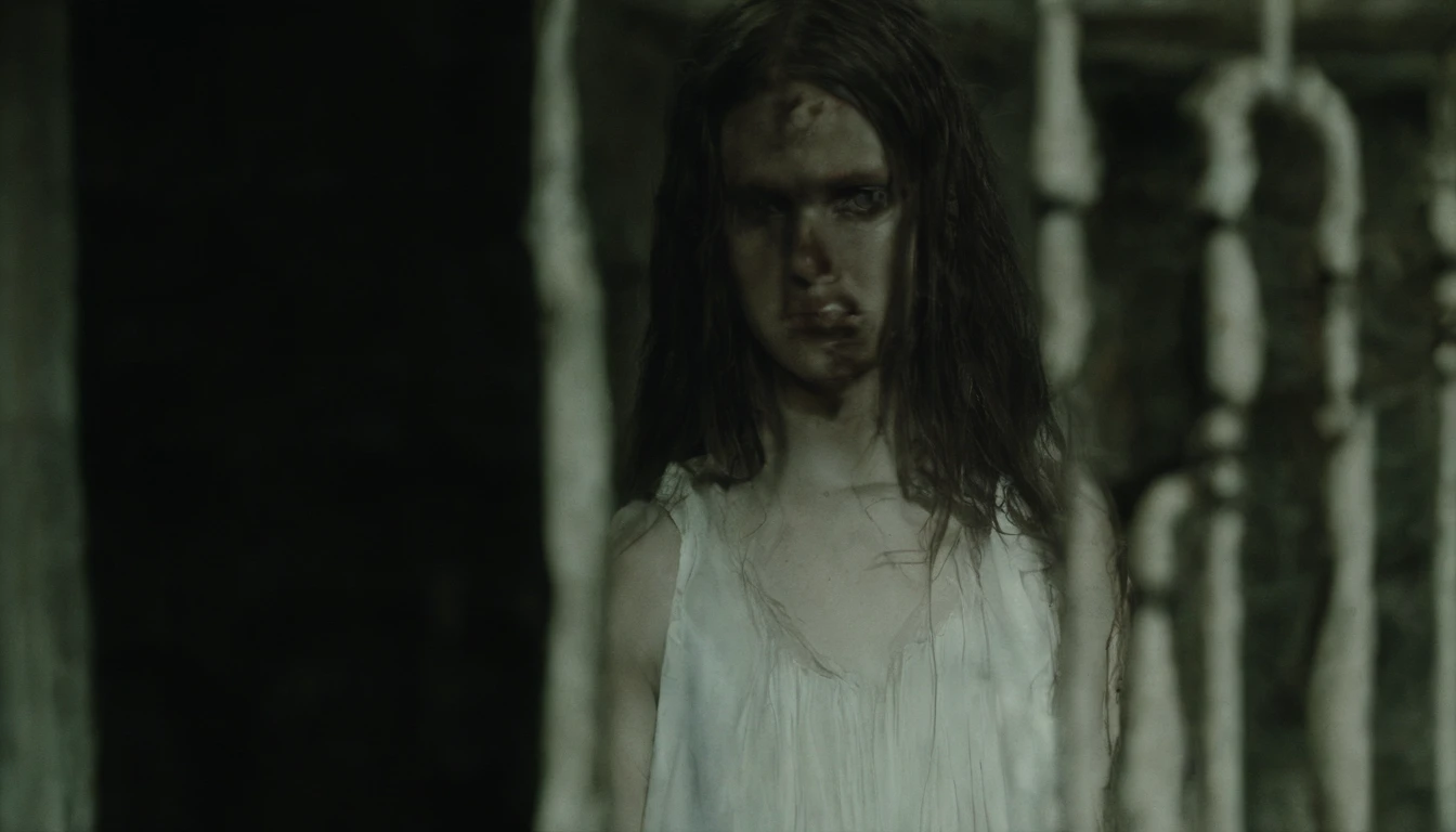 A 14-year-old girl,with hair dishevelled,The girl climbed down the stairs with twisted limbs,His face turned pale,Wet hair,The expression is hideous,Dennis Villeneuve's style, cinematic Film still from, cine still 800,Cinematic film texture,blurred lens,F1.2 apertures,Light green tones
