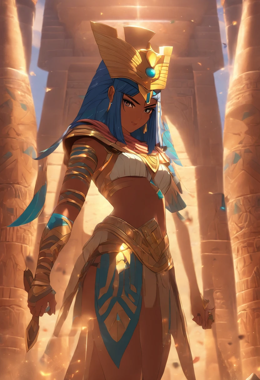 ((Neith with shield))) best quality, very high resolution, 4K detailed CG, masterpiece, Egyptian mythology, Neith, woman, shield, arrows, sun in the background, Ancient Egypt, standing pose, blue clothes, clothes Egyptians, Egyptian temple, desert, Ancient Egypt, ((standing pose)), Egyptian palace, aesthetics, beautiful image, centered on screen, full body