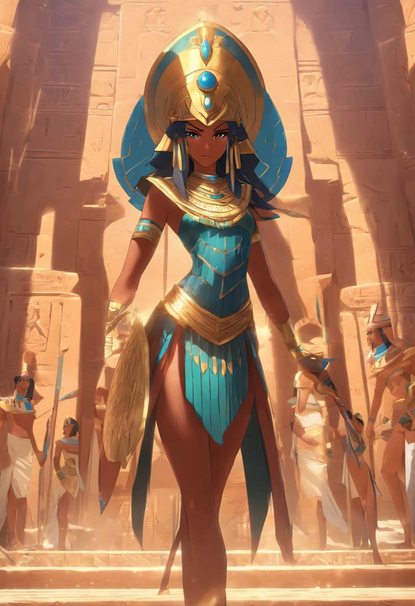 ((Neith with shield))) best quality, very high resolution, 4K detailed CG, masterpiece, Egyptian mythology, Neith, woman, shield, arrows, sun in the background, Ancient Egypt, standing pose, blue clothes, clothes Egyptians, Egyptian temple, desert, Ancient Egypt, ((standing pose)), Egyptian palace, aesthetics, beautiful image, centered on screen, full body