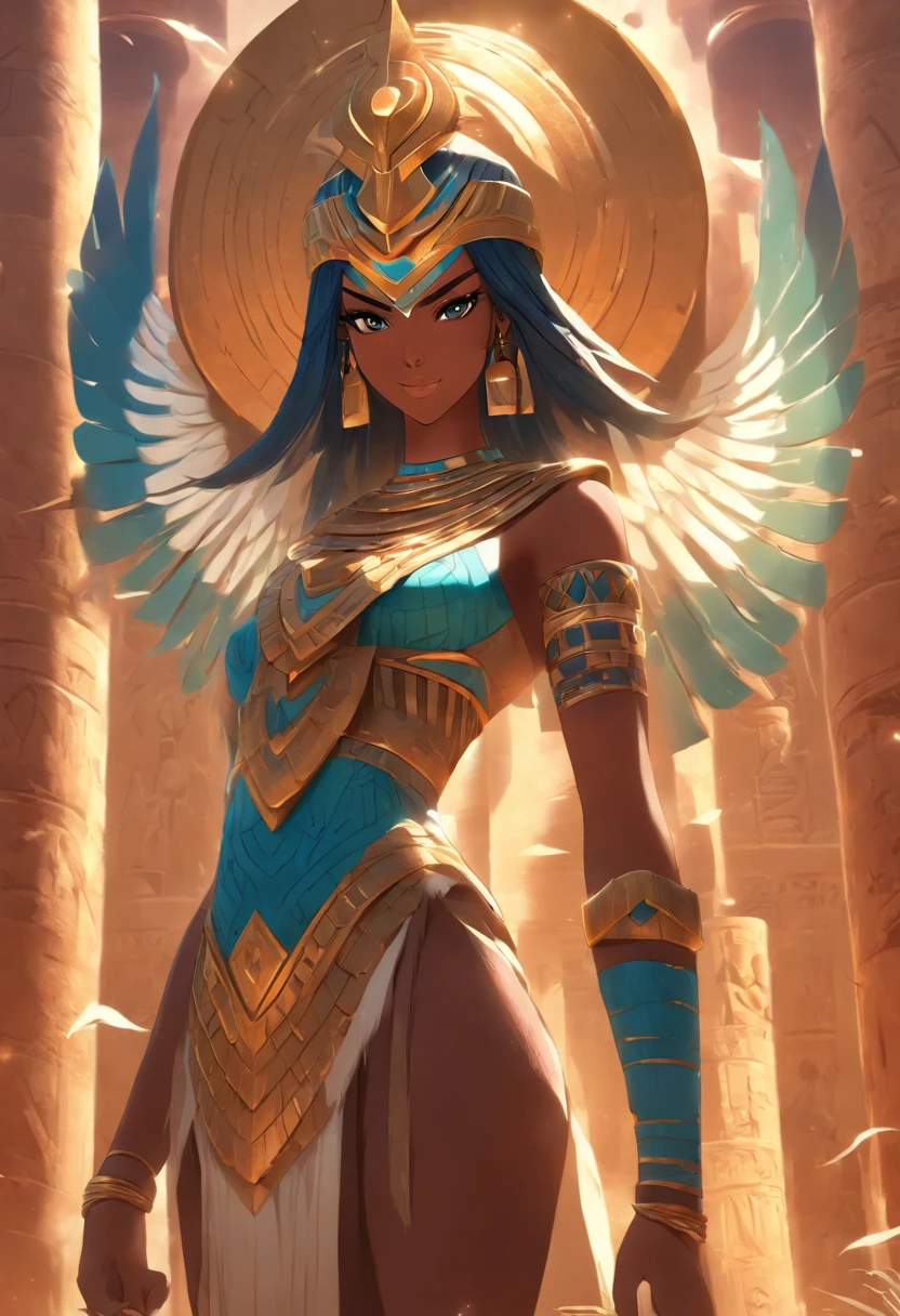 ((Neith with shield))) best quality, very high resolution, 4K detailed CG, masterpiece, Egyptian mythology, Neith, woman, shield, arrows, sun in the background, Ancient Egypt, standing pose, blue clothes, clothes Egyptians, Egyptian temple, desert, Ancient Egypt, ((standing pose)), Egyptian palace, aesthetics, beautiful image, centered on screen, full body