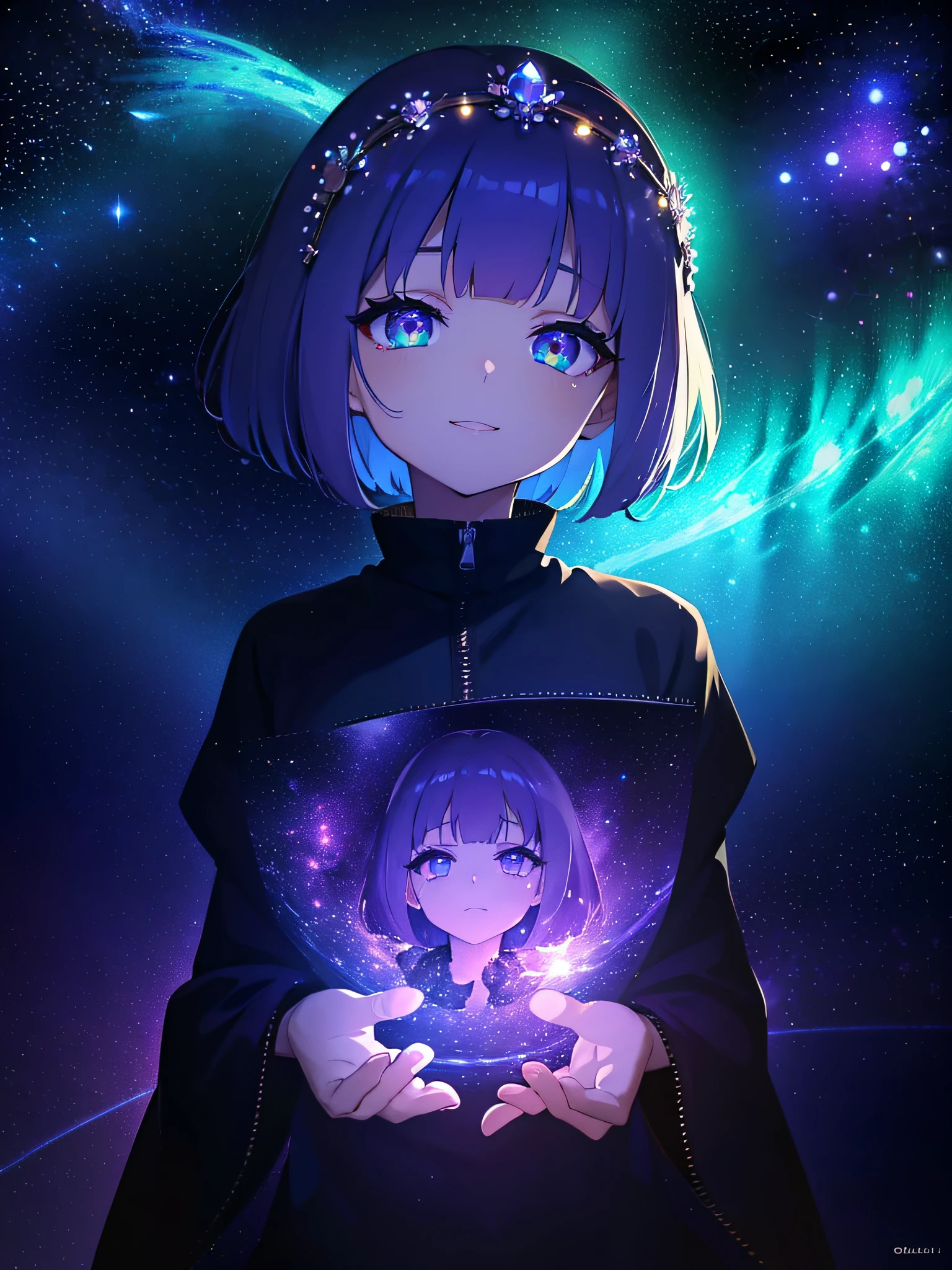 (masutepiece:1.3), (Best Quality:1.3), High resolution, Couboy Shot, on back, Sleeping, (One Cute Girl:1.3), Solo, White skin、 huge smile、angel ring on head、Angel Ring、eight-headed person, Purple hair, (bobhair:1.2), Mixed mesh and light blue、Short hair, (Blunt bangs:1.2), Beautiful hair, Eyes are purple, Miraculous Eye、Beautiful detailed eyes, ultradetailed eyes、Glitter eyes、octans,cloud,from the rear、Colorful starry sky,Stars,Iridescent aura around the eyes、Iridescent eyes、Narrowed eyes sucked in,Wearing a rainbow-colored aura from the whole body、purpleish color, Outdoors, Purple background, Shadow lighting,perfectbody