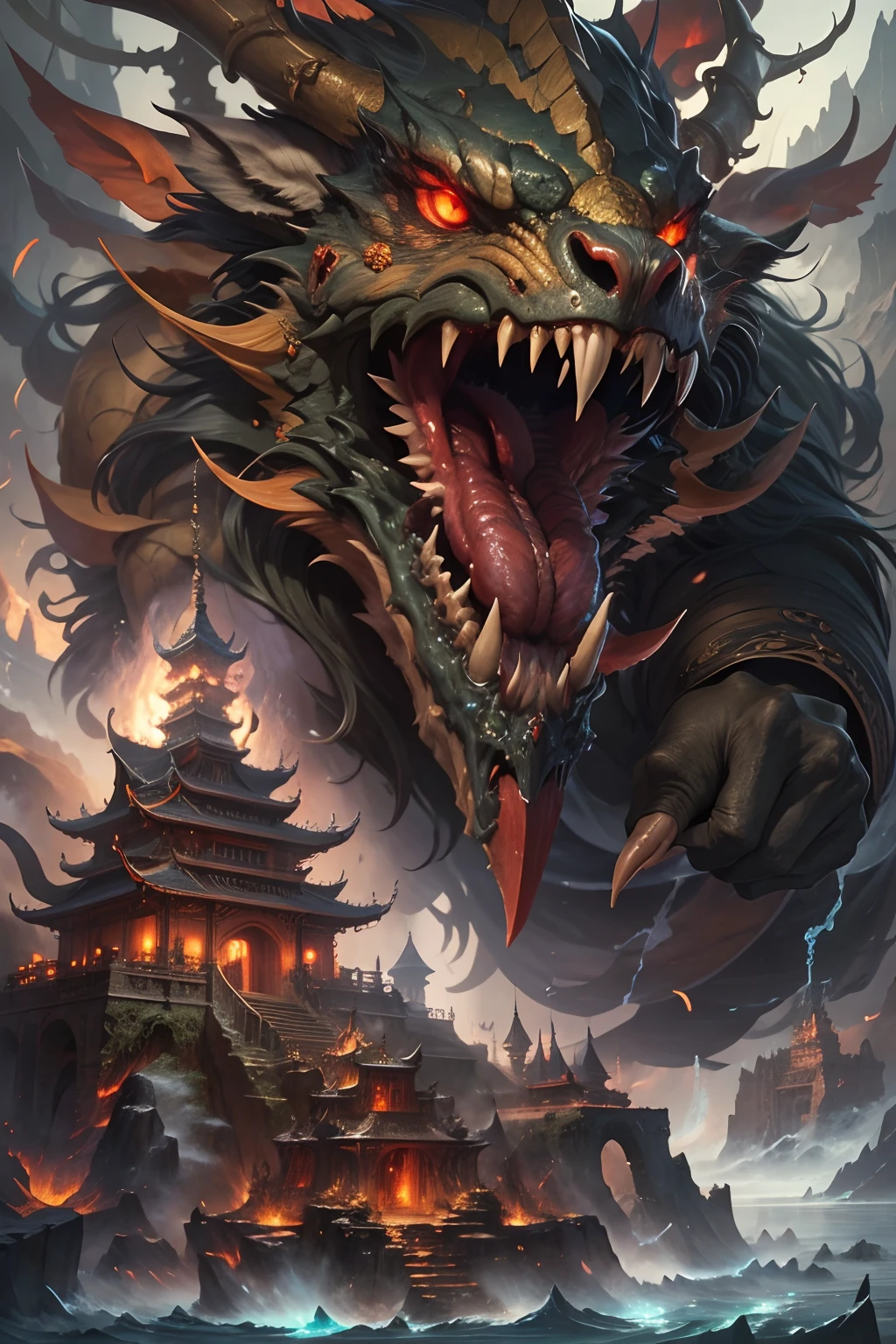 tmasterpiece,high high quality,high definition resolution,16k,realisticlying,(the mountains and the sea),Evil monsters from hell,The demons,Ferocious,brutality,Old,Black-green scales,quadrupedal,deer antlers,mane hair,,Sharp claws,beast of prey,Fangs and sharp teeth,Sparkling red eyes,Gigantic body,full bodyesbian,Harnessing the flames,Use ice magic,Ice and fire magic,Chinese mythology,Oriental elements,Epic mythological fantasy,digital art fantasy,Ancient myths and legends,mythological creatures,Intricate fantasy illustrations, Detailed fantasy illustration, fantasy highly detailed, beautiful detailed fantasy, magic fantasy highly detailed, highly detailed fantasy art, epic rivendell fantasy, detailed fantasy digital art, detailed fantasy art