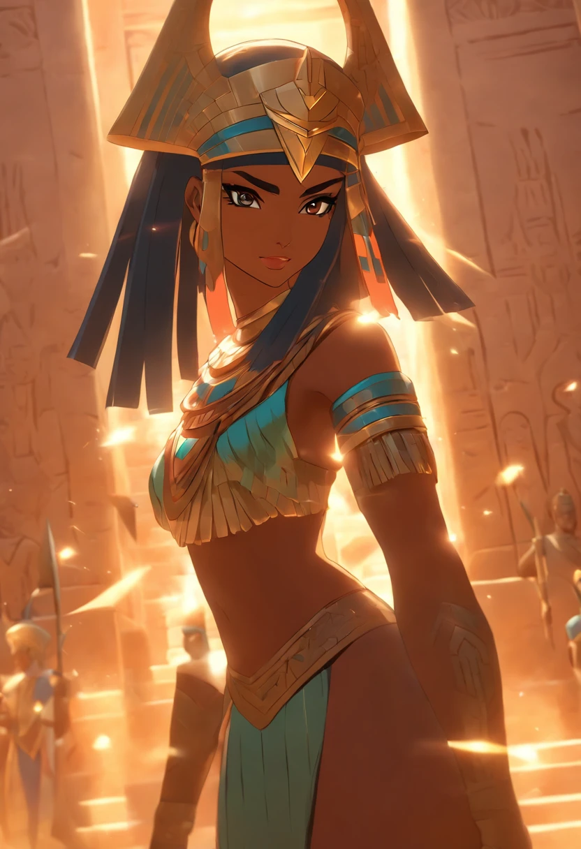 ((Neith with shield))) best quality, very high resolution, 4K detailed CG, masterpiece, Egyptian mythology, Neith, woman, shield, arrows, sun in the background, Ancient Egypt, standing pose, blue clothes, clothes Egyptians, Egyptian temple, desert, Ancient Egypt, ((standing pose)), Egyptian palace, aesthetics, beautiful image, centered on screen, full body