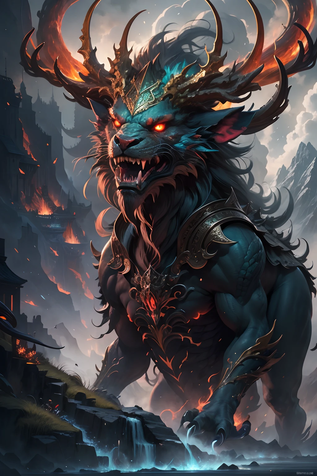 tmasterpiece,high high quality,high definition resolution,16k,realisticlying,(the mountains and the sea),Evil monsters from hell,The demons,Ferocious,brutality,Old,Black-green scales,quadrupedal,deer antlers,mane hair,,Sharp claws,beast of prey,Fangs and sharp teeth,Sparkling red eyes,Gigantic body,full bodyesbian,Harnessing the flames,Use ice magic,Ice and fire magic,Chinese mythology,Oriental elements,Epic mythological fantasy,digital art fantasy,Ancient myths and legends,mythological creatures,Intricate fantasy illustrations, Detailed fantasy illustration, fantasy highly detailed, beautiful detailed fantasy, magic fantasy highly detailed, highly detailed fantasy art, epic rivendell fantasy, detailed fantasy digital art, detailed fantasy art