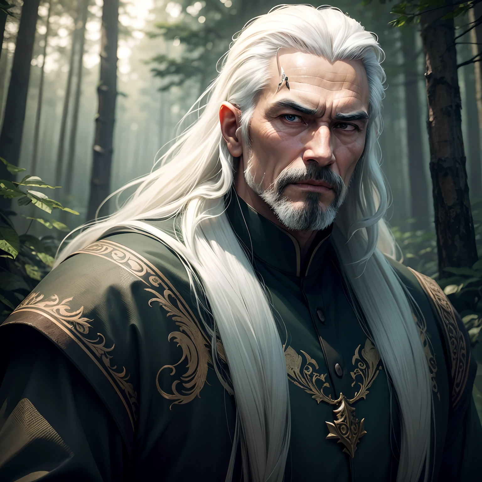 The wallpaper is a forest, a man named Phong, Best quality, masterpiece, ultra high res,detailed background,realistic,hadesstyle,solo,male,mature,bara,mature male,long white hair,facial hair, \(theme\),dark fantasy,evil,depth of field, sad