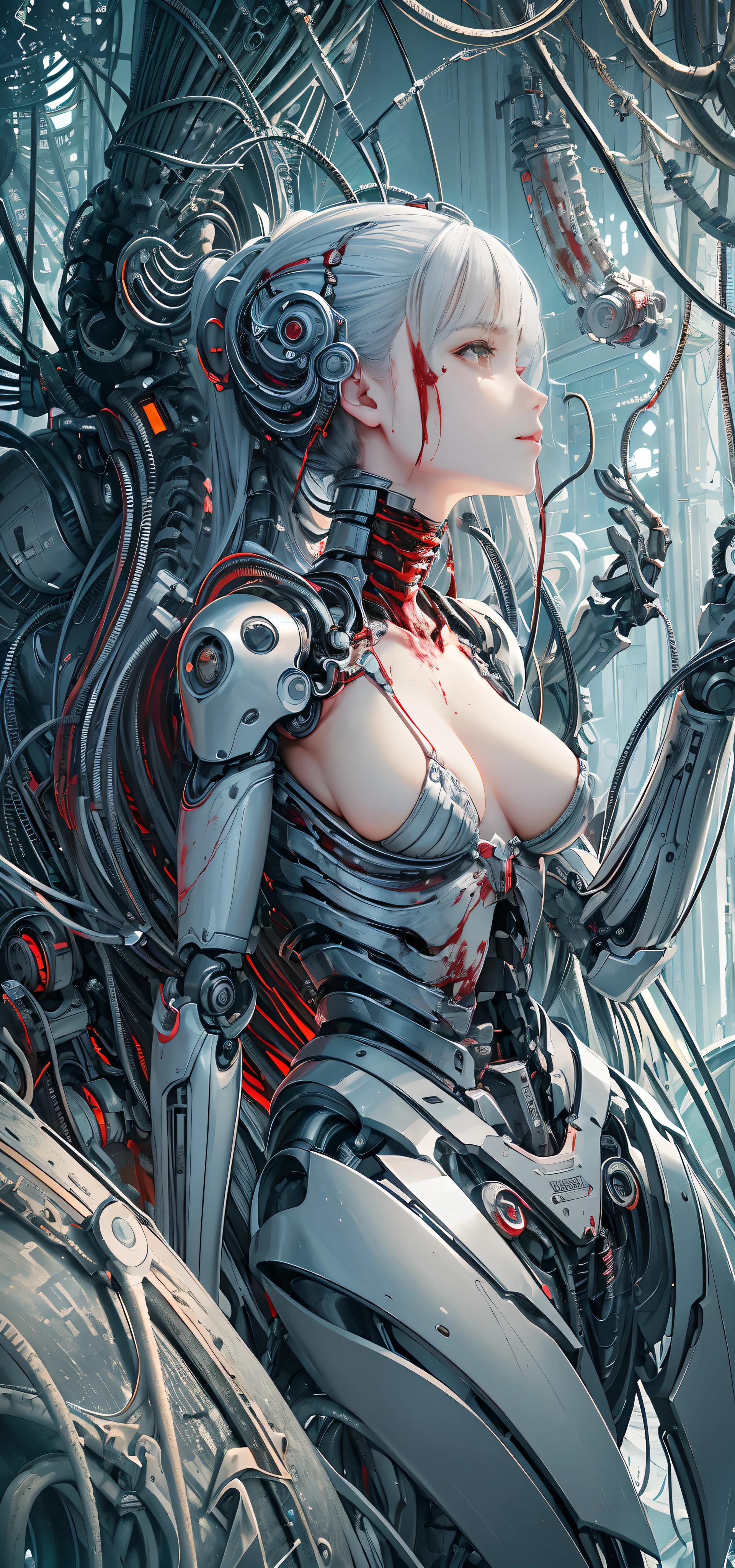 (masterpiece, top quality, best quality, official art, beautiful and aesthetic:1.2), (1girl:1.3), extreme detailed,colorful,highest detailed ((ultra-detailed)), (highly detailed CG illustration), ((an extremely delicate and beautiful)),cinematic light,((1mechanical girl)),solo,full body,real breasts,real ,(machine made joints:1.2),((mechanical limbs)),(blood vessels connected to tubes),(mechanical vertebra attaching to back),((mechanical cervical attaching to neck)),(fetal position),expressionless,(wires and cables attaching to neck:1.2),(wires and cables on head:1.2)(character focus),science fiction,creepy lab background,(blood:1.5)