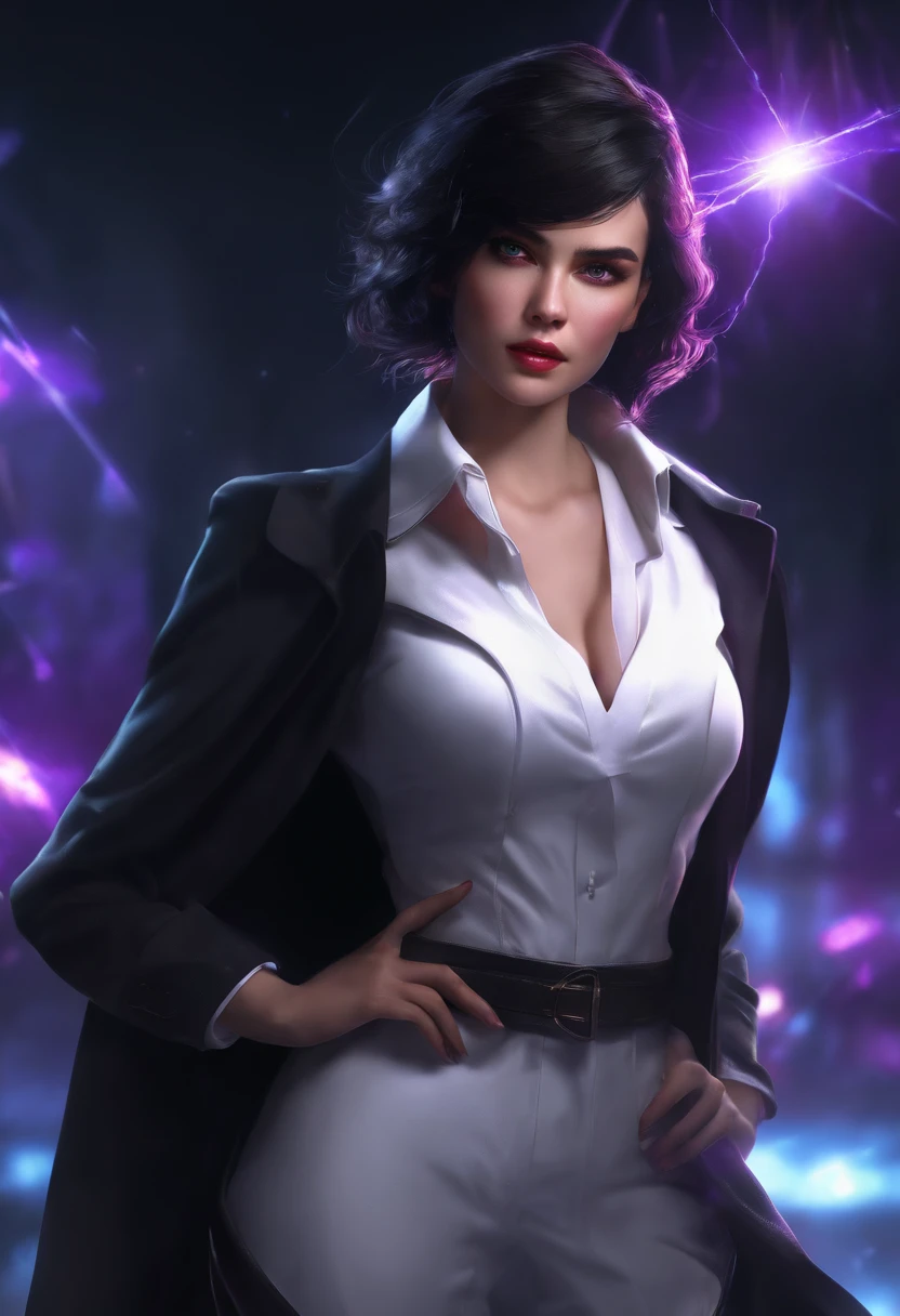 (masterpiece, best quality:1.3), (ultra-detailed:1.3), 1girl, solo, (black hair, messy hair, medium hair), large chest, purple eyes, (white shirt, black necktie, black coat, open coat), cowboy shot, cinematic lighting, (((glowing light particles))), (arms behind back), dynamic angle,
