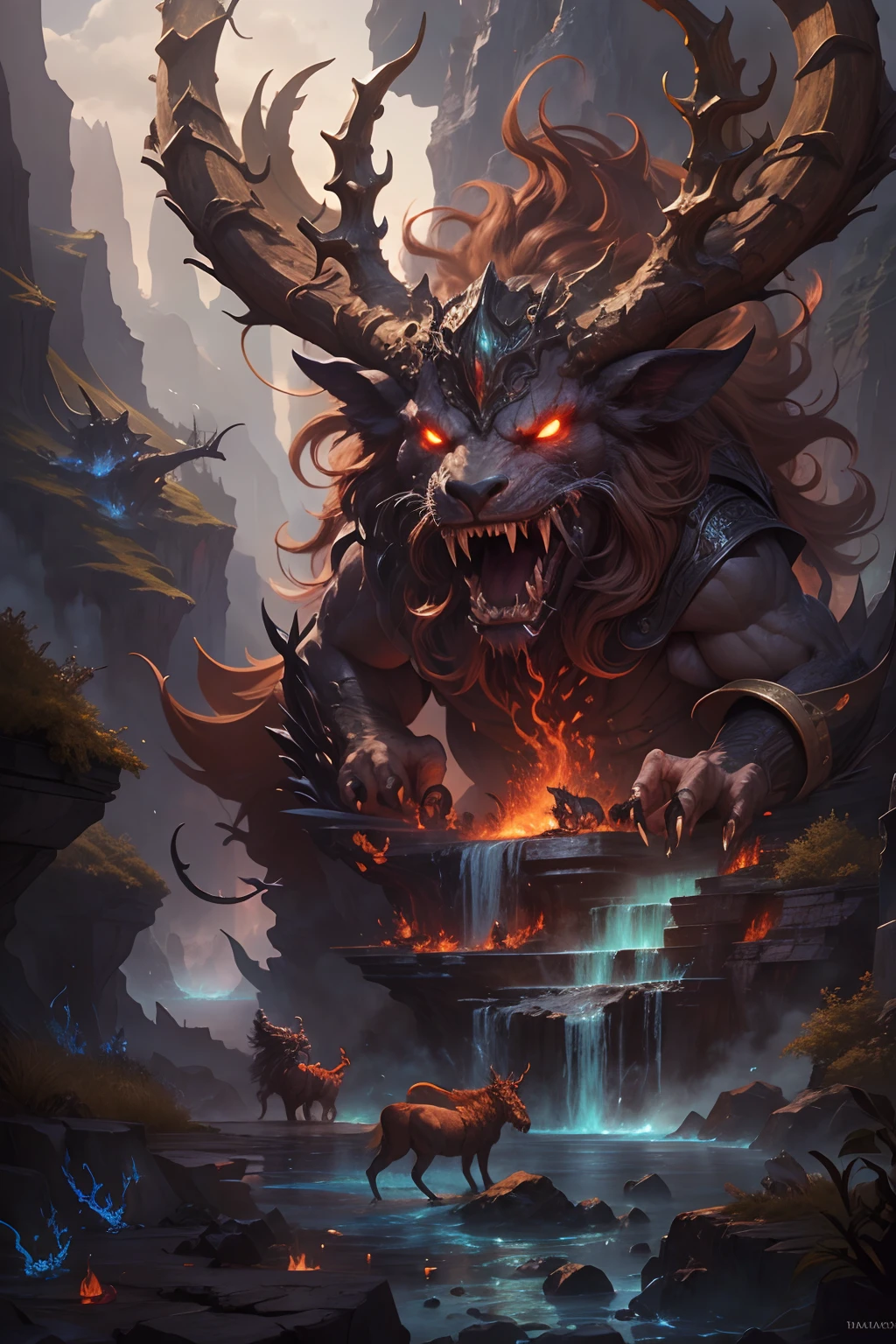 tmasterpiece,high high quality,high definition resolution,16k,realisticlying,(the mountains and the sea),Evil monsters from hell,The demons,Ferocious,brutality,Old,Black-green scales,quadrupedal,deer antlers,mane hair,,Sharp claws,beast of prey,Fangs and sharp teeth,Sparkling red eyes,Gigantic body,full bodyesbian,Harnessing the flames,Use ice magic,Ice and fire magic,Chinese mythology,Oriental elements,Epic mythological fantasy,digital art fantasy,Ancient myths and legends,mythological creatures,Intricate fantasy illustrations, Detailed fantasy illustration, fantasy highly detailed, beautiful detailed fantasy, magic fantasy highly detailed, highly detailed fantasy art, epic rivendell fantasy, detailed fantasy digital art, detailed fantasy art
