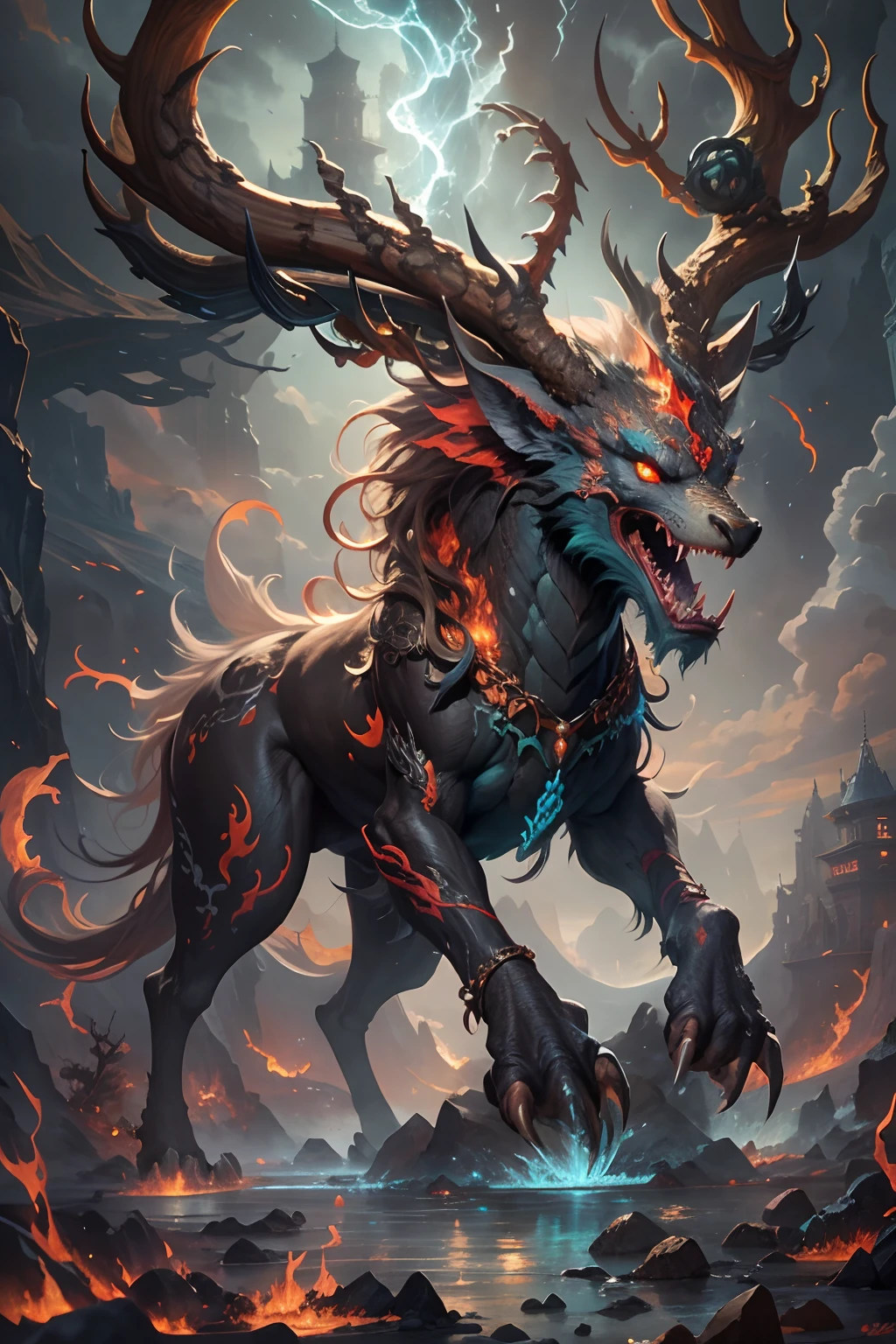 tmasterpiece,high high quality,high definition resolution,16k,realisticlying,(the mountains and the sea),Evil monsters from hell,The demons,Ferocious,brutality,Old,Black-green scales,quadrupedal,deer antlers,mane hair,,Sharp claws,beast of prey,Fangs and sharp teeth,Sparkling red eyes,Gigantic body,full bodyesbian,Harnessing the flames,Use ice magic,Ice and fire magic,Chinese mythology,Oriental elements,Epic mythological fantasy,digital art fantasy,Ancient myths and legends,mythological creatures,Intricate fantasy illustrations, Detailed fantasy illustration, fantasy highly detailed, beautiful detailed fantasy, magic fantasy highly detailed, highly detailed fantasy art, epic rivendell fantasy, detailed fantasy digital art, detailed fantasy art