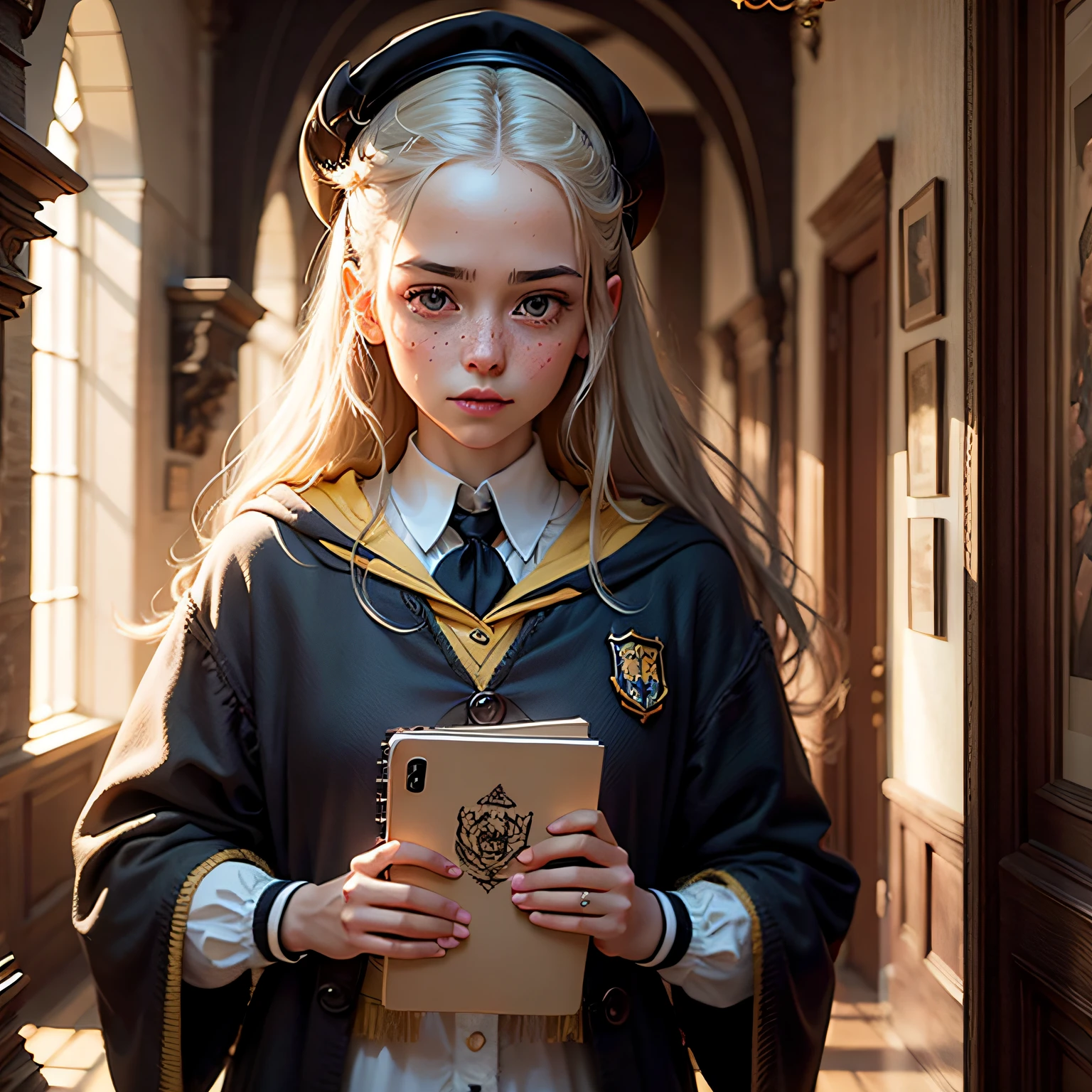 arte hiper-realista, 8k, obra-prima, litghing perfeito, cinematic lighthing, 1 garota adolescente, aluna, bruxa, cabelos loiros claros presos em maria chiquinhas, pale freckles, olhos totalmente pretos, vestindo uniforme amarelo de hogwarts, hufflepuff, fundo de castelo