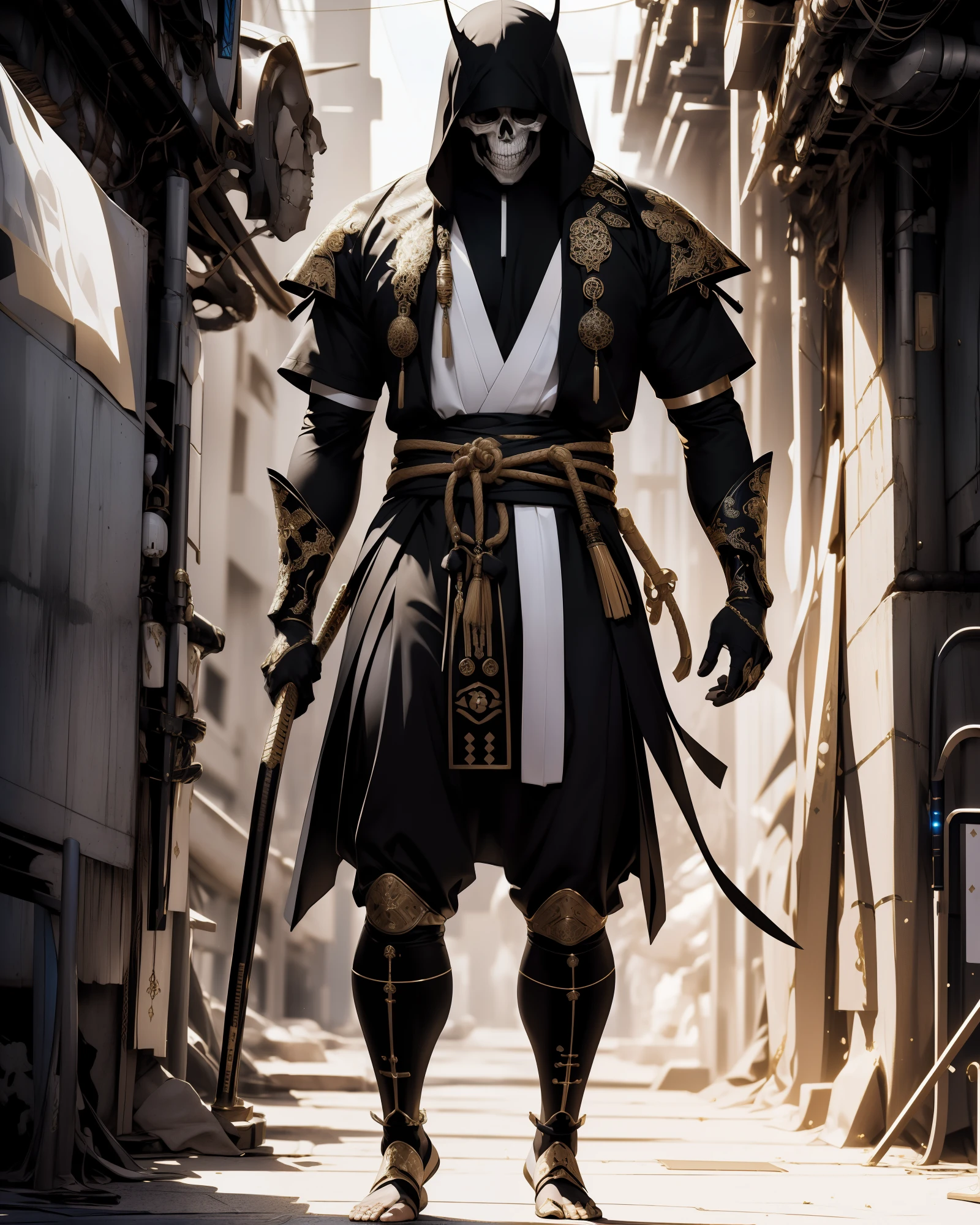 Full body, (Skeletal Samurai), (Wearing Futuristic Arabian Samurai Cloth Dress), (In style of White + Gold + Black), Best quality, Ultra-detailed, Realistic:1.37, HDR, UHD, Studio lighting, Professional, Vivid colors, Bokeh, Portraits, Sci-fi,Concept art, Colorful tones, Soft lighting.