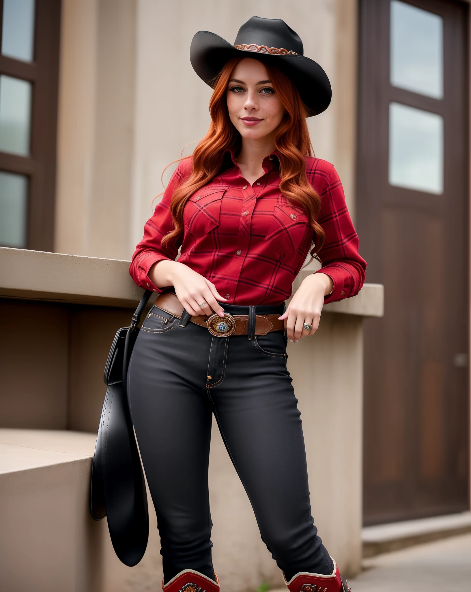 (masterpiece: 1.1), (best quality: 1.2), (RAW), (16k), (photo), (photorealistic), (upscale), (ultra realistic: 2.3), (high detail), (focus: 2.3), HDR camera, (hight resolution), ISO 100, f/2.8, 85mm, 1/125s, One Shot, (solo), ((only one adult woman:1.5), (38 years old), (full body:1.5, standing), (cyberpunk), (high skin detail), (red-haired, wavy hair, redhair, blue eyes, freckles on her face, smile), (small and defined boobs), (cleavage), (long hair), ((wearing a cowgirl ((black hat)), tight jeans, plaid button down ((shirt black/red)), cowgirl boots)), close-up.