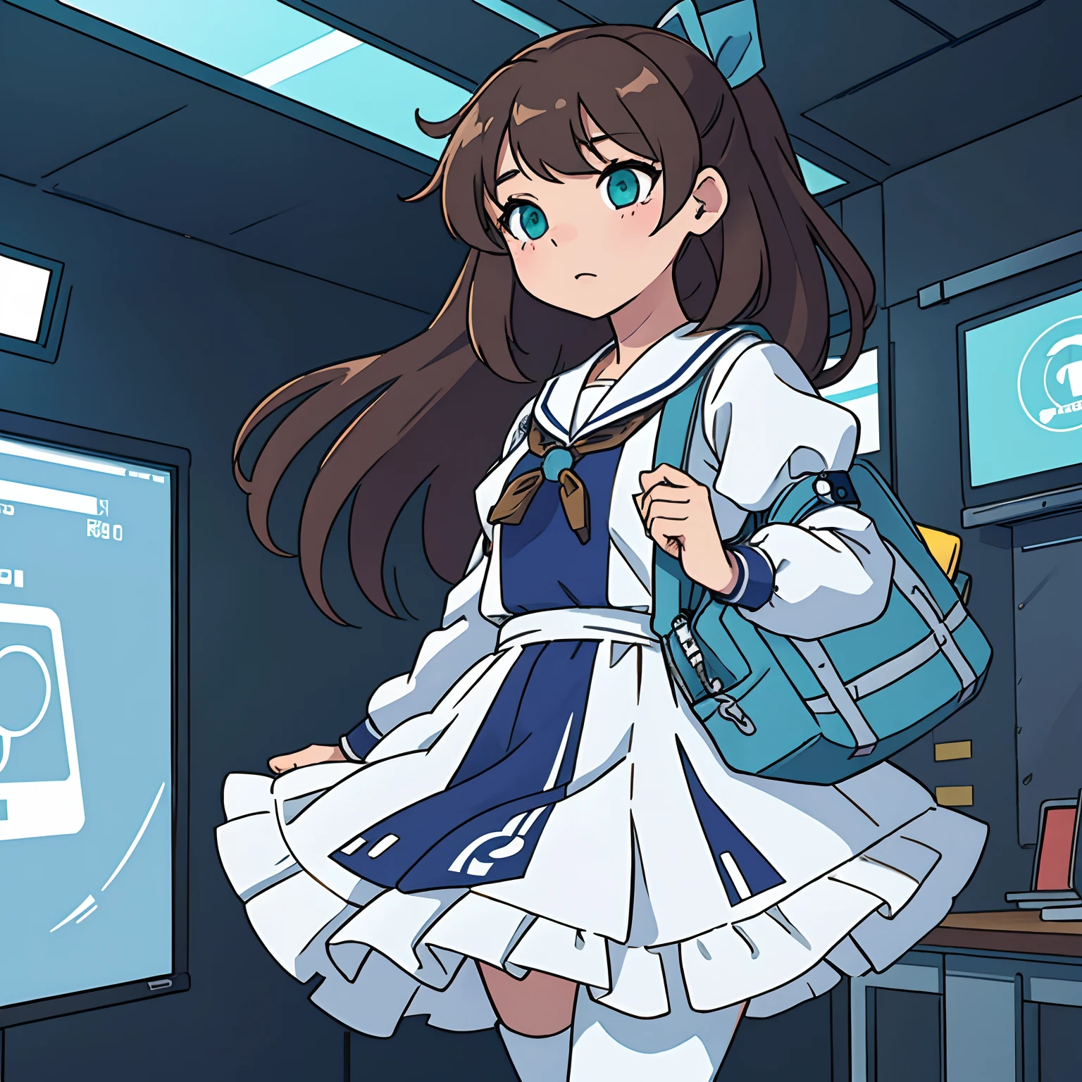A cute japaneese girl, drawn in anime style, futuristic, Y2K aesthetic, sci-fi, jade green eyes, long brown hair, hair ribbon, small breast, white and blue futuristic sailor lolita dress with puffy sleeves, navy blue pantyhose, school shoes, school bag, school crest, standing in high tech futuristic classroom, highly detailed, 4K.