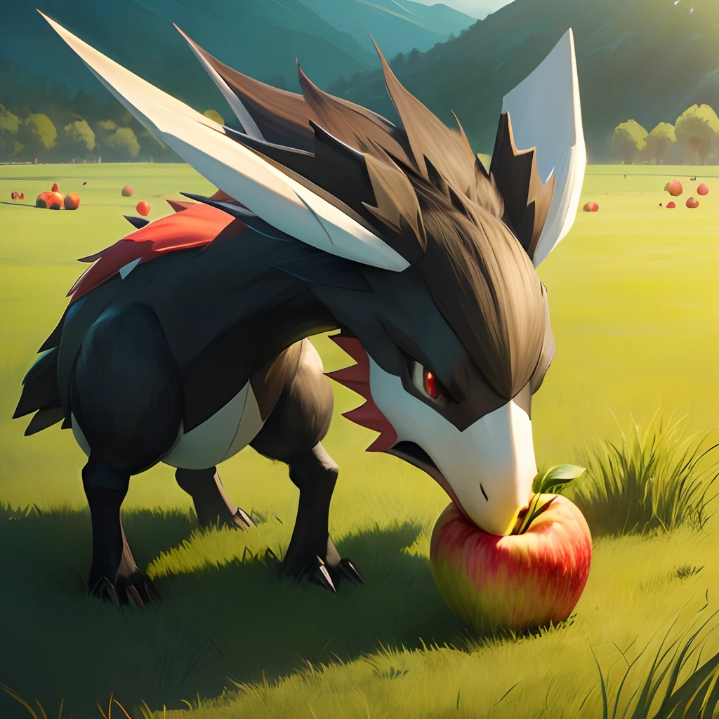 A pokémon　Gombe　grass field　Eating apples