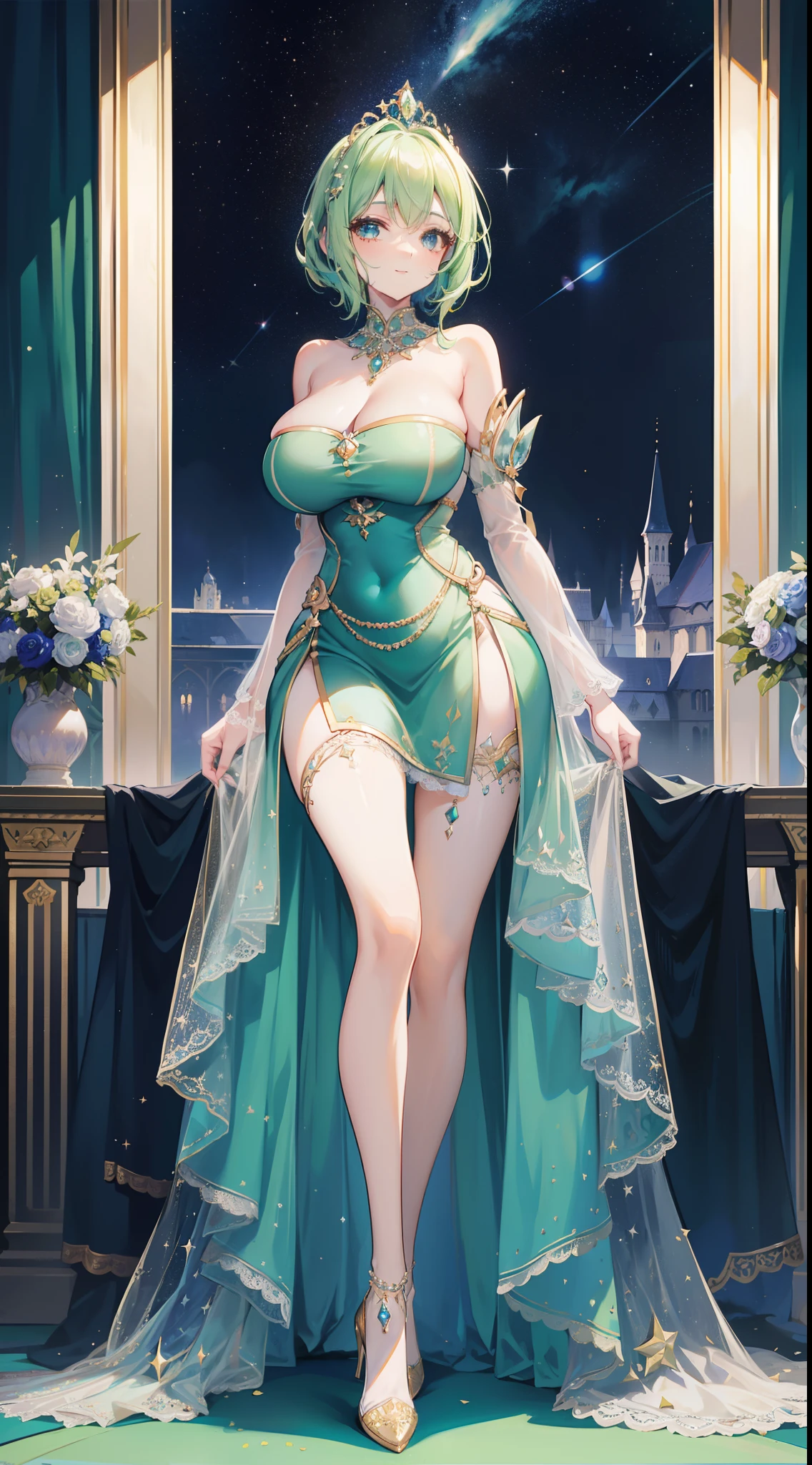 a beauty girl，ssmile，(Short light green hair)，Royal nobility，(A princess)，Blue pupil，Tall figure，((Bandeau dress))，Low-cut skirt，(Starry evening dress)，Lolita skirt，show legs，Crystal heels，Red carpet，Prom website，(nobles)，(huge tit)