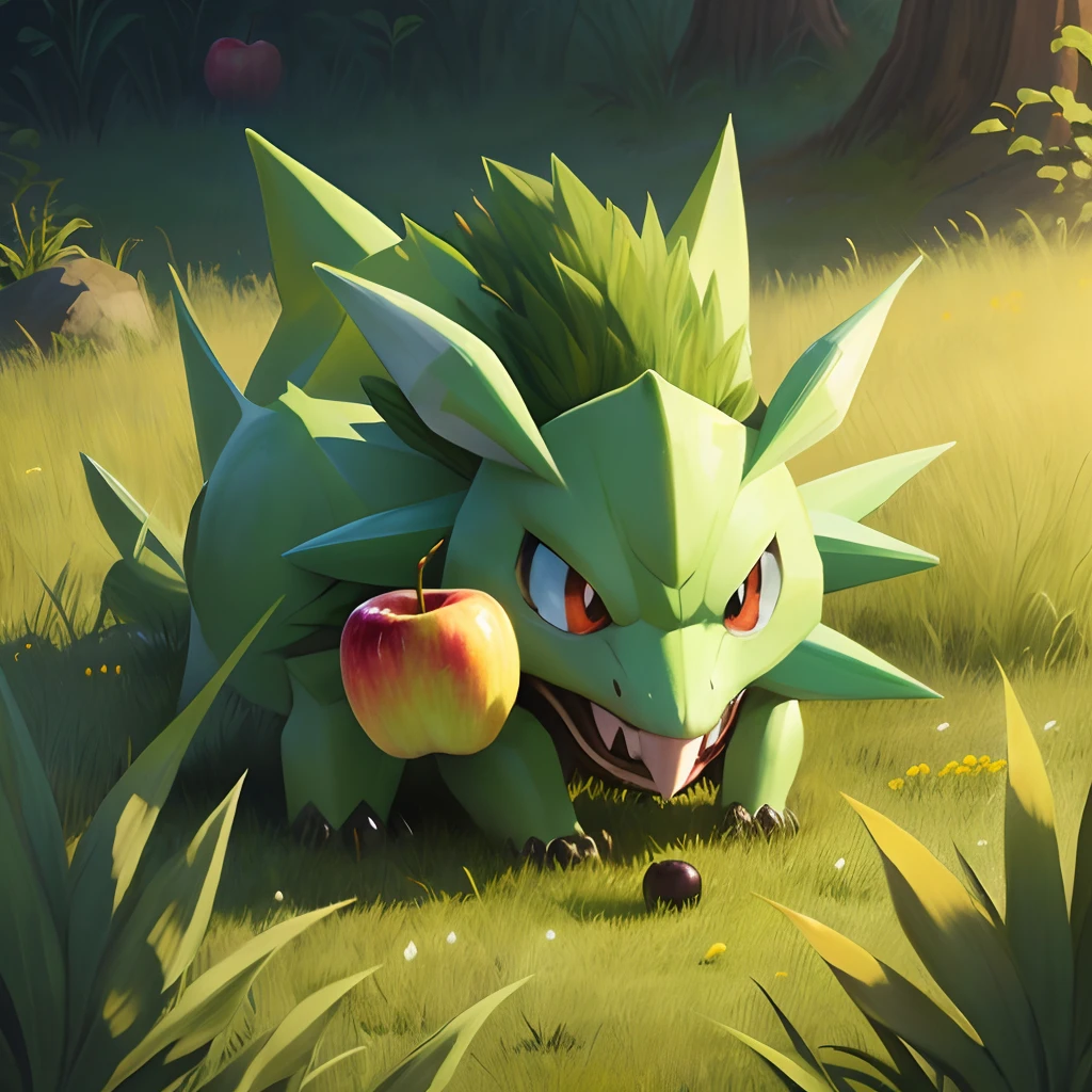 A pokémon Gombe grass field Eating apples
