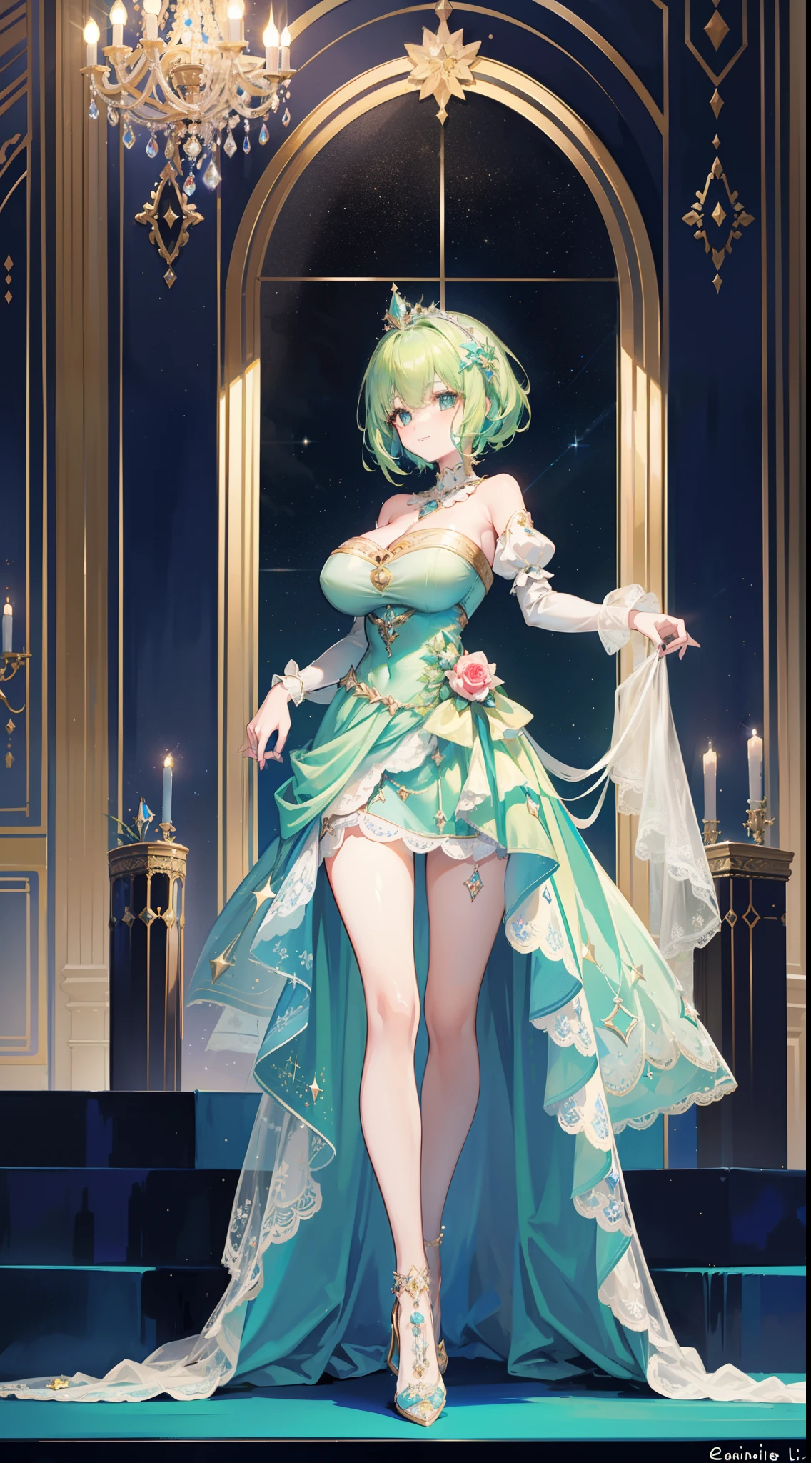 a beauty girl,ssmile,(Short light green hair),Royal nobility,(A princess),Blue pupil,Tall figure,((Bandeau dress)),Low-cut skirt,(Starry evening dress),ta skirt,show legs,Crystal heels,Red carpet,Prom website,(nobles),(huge tit)