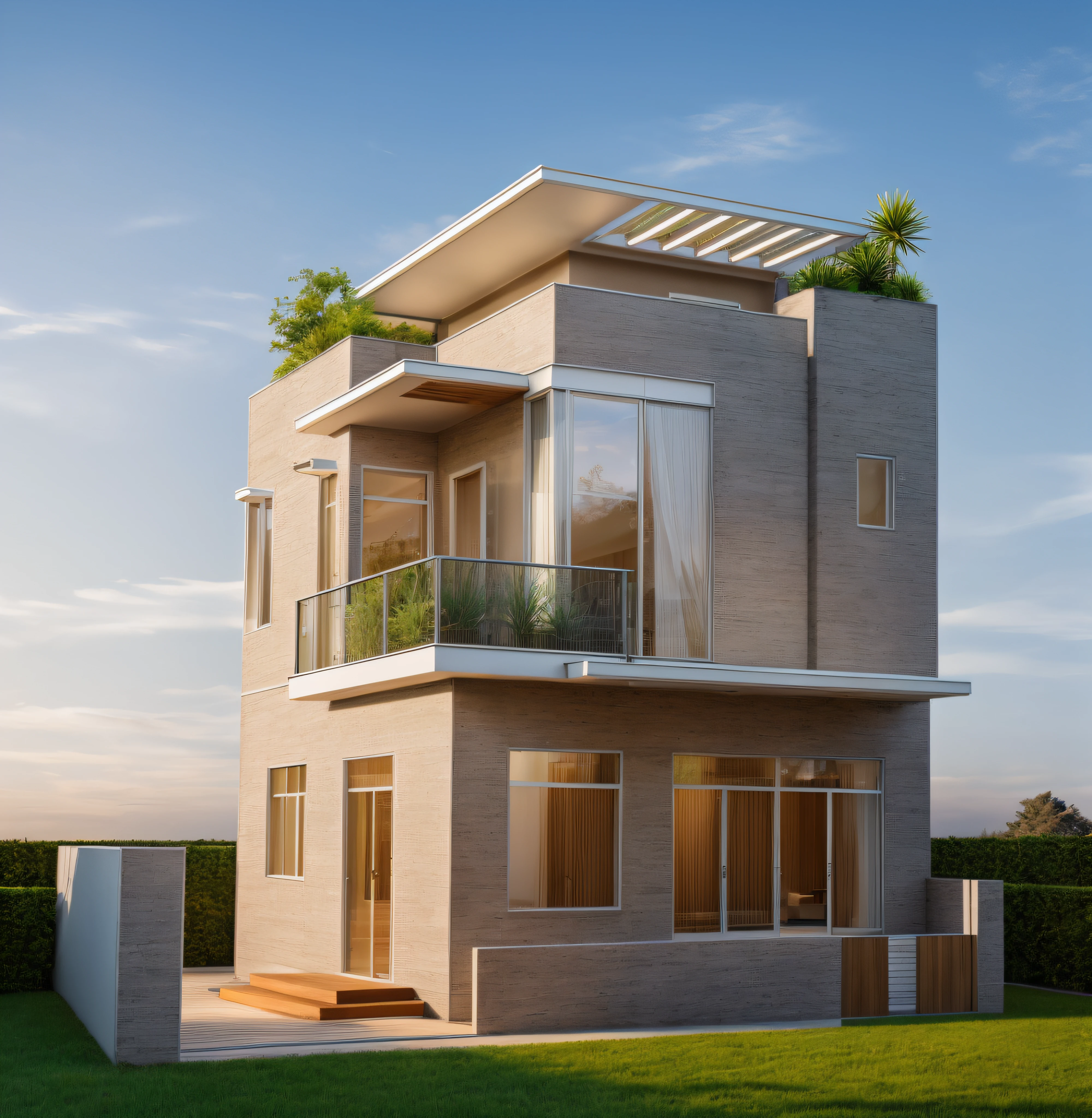 RAW photo, Masterpiece, high quality, best quality, authentic, super detail, exterior, house style modern on the garden, white colour walls, dark brown colour walls, contrast colours, glass windows, glass doors, balcony, railing glass, wooden ceiling,modernism, Realistic reflexes, realistic light, daylight, beautiful sky, trees, grass, grass and plant on the fence, trees and plant in the garden, trees and plant on the rooftop, high tree behind the house, vivid colour, vray