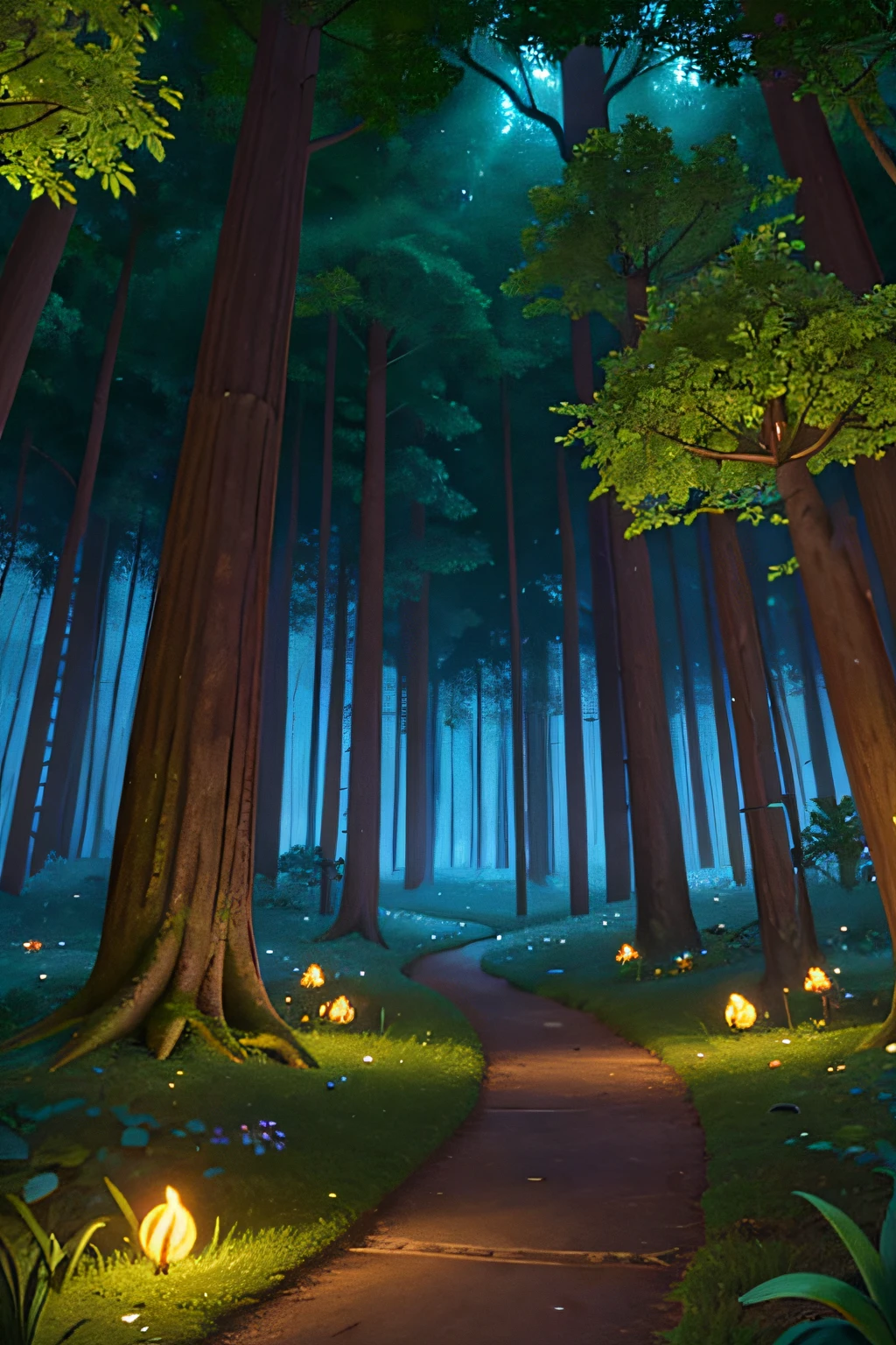 Describe a magical forest filled with luminescent trees, glowing flowers, and fantastical animal "fire-fly". Write a detailed description of this forest, emphasizing the colors, light, and atmosphere that make it feel enchanting and mysterious,just the forest,without trail,without footpath,view in the middle forest,arround the trees