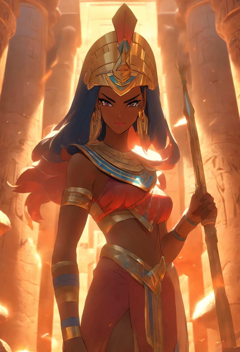 ((Neith with shield))) best quality, very high resolution, 4K detailed CG, masterpiece, Egyptian mythology, Neith, woman, shield, arrows, sun in the background, Ancient Egypt, standing pose, blue clothes, clothes Egyptians, Egyptian temple, desert, Ancient Egypt, ((standing pose)), Egyptian palace, aesthetics, beautiful image, centered on screen, full body