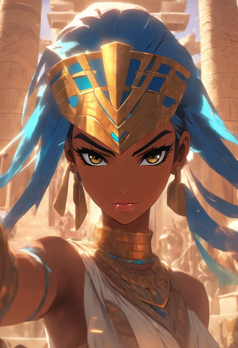 ((Neith with shield))) best quality, very high resolution, 4K detailed CG, masterpiece, Egyptian mythology, Neith, woman, shield, arrows, sun in the background, Ancient Egypt, standing pose, blue clothes, clothes Egyptians, Egyptian temple, desert, Ancient Egypt, ((standing pose)), Egyptian palace, aesthetics, beautiful image, centered on screen, full body